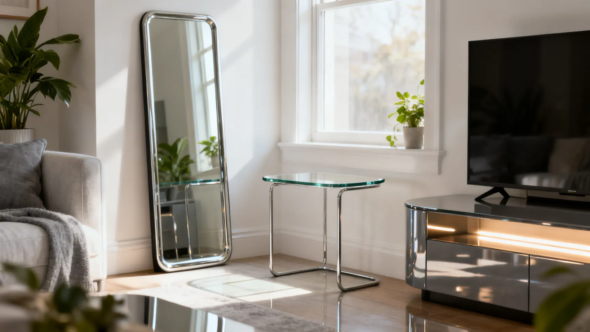 Tall mirror and glass side table reflect daylight in a compact living room.