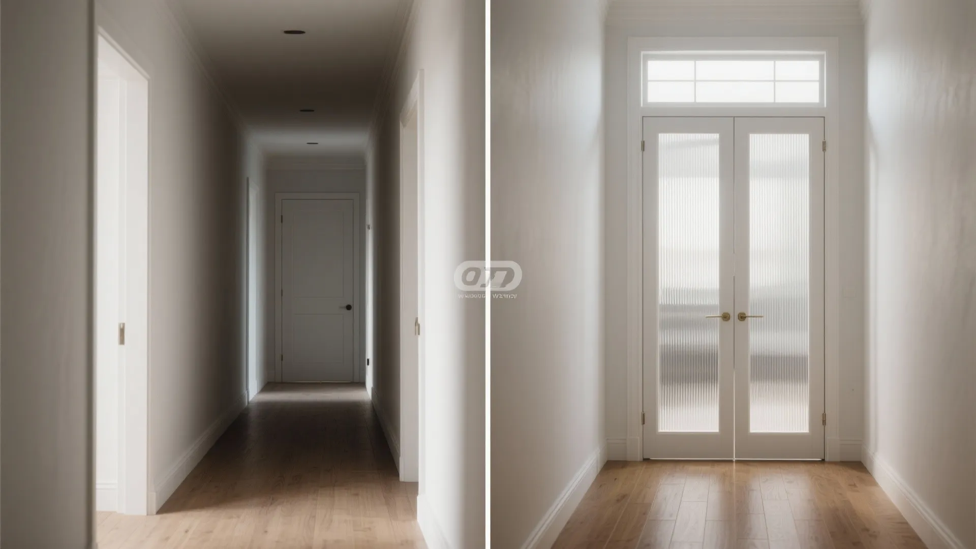 Before-and-after showing solid door replaced by fluted glass, brightening a narrow hall.