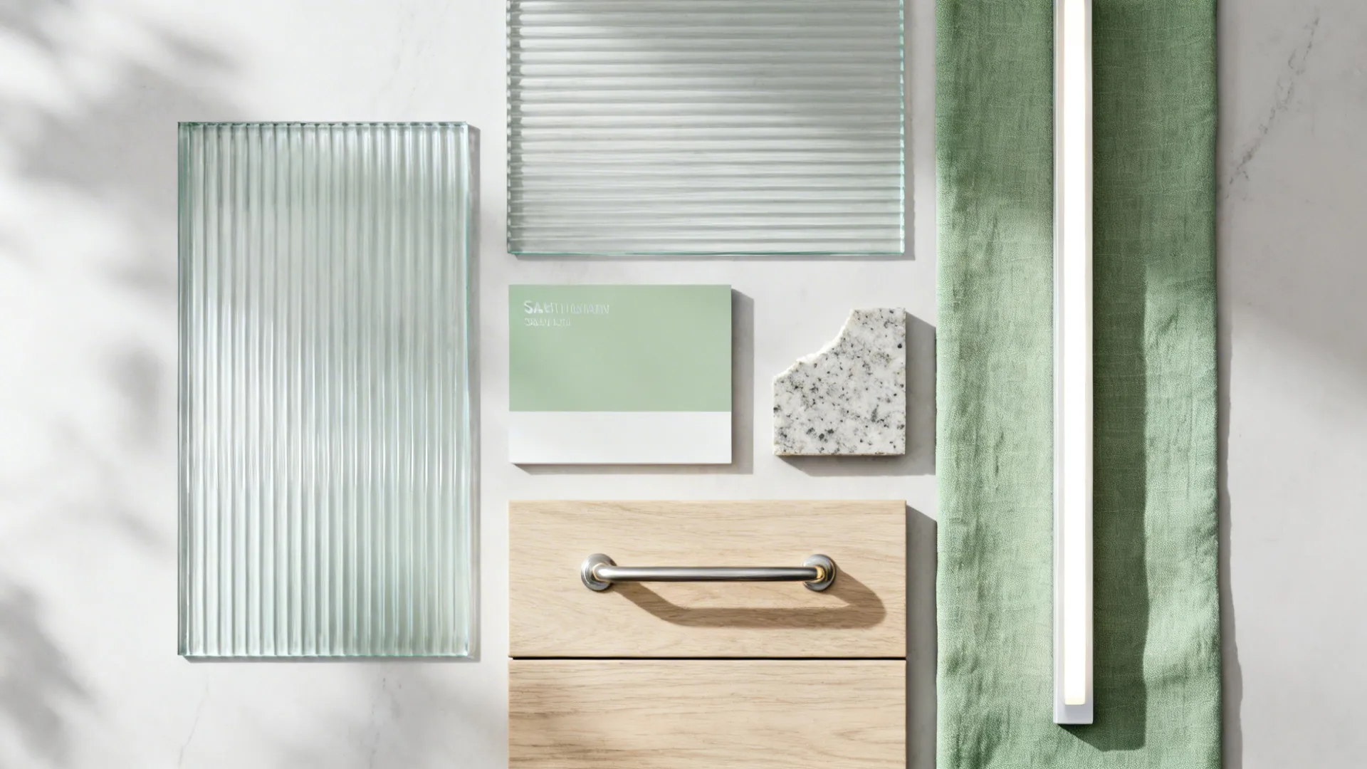 Material flat lay with low-iron and fluted glass, light oak, quartz, and satin paint.