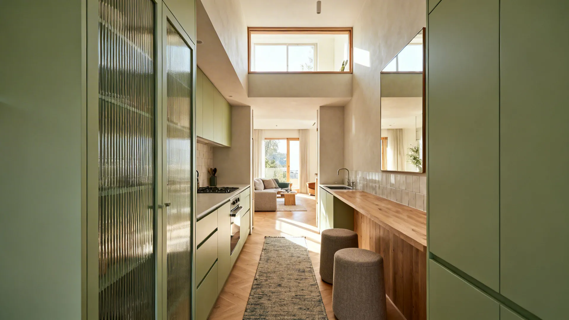 Narrow galley with a pass-through, fluted glass door, and a mirror to extend sightlines.