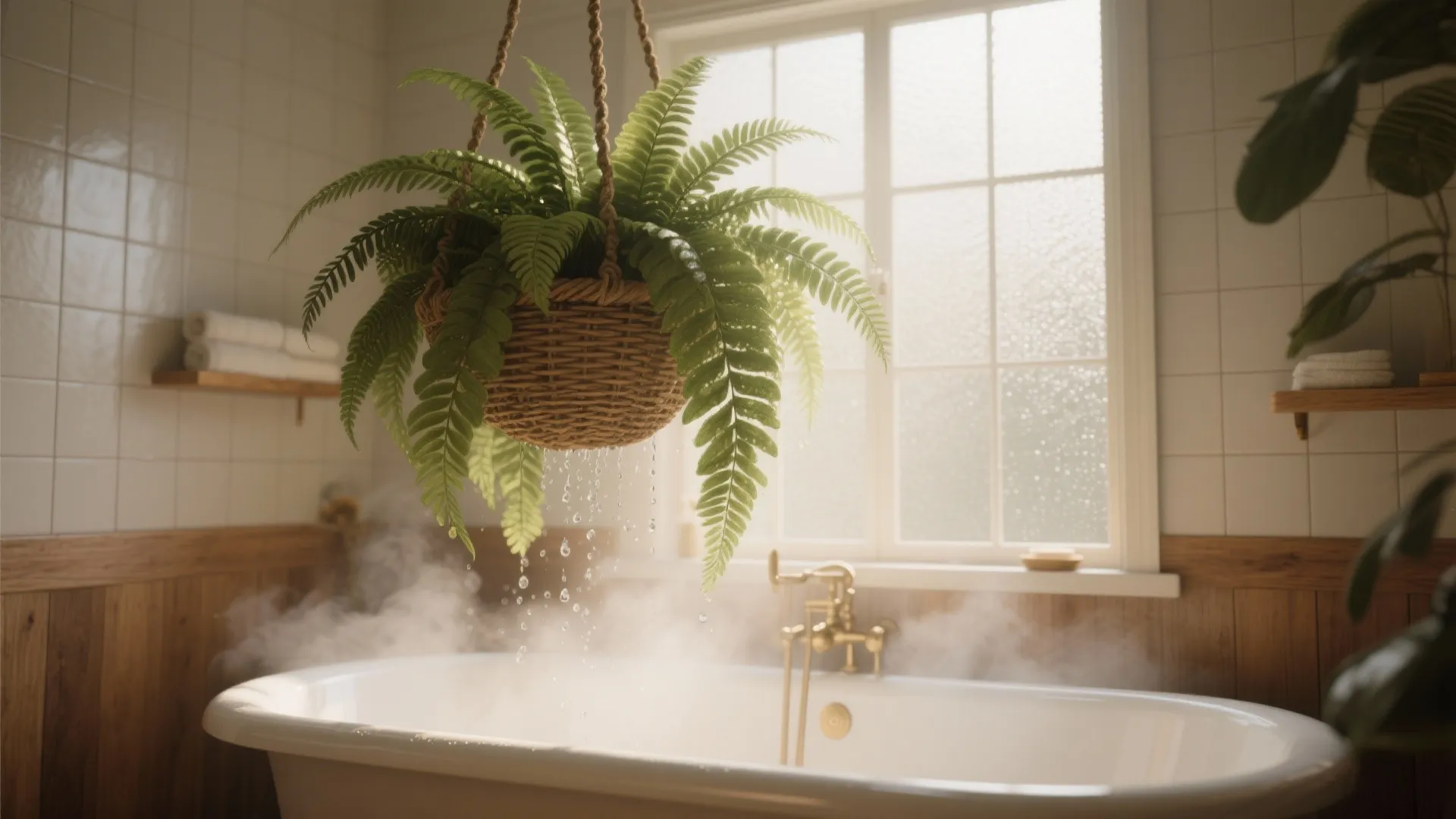 Hanging green fern in a basket over a white bathtub with rising steam and windows