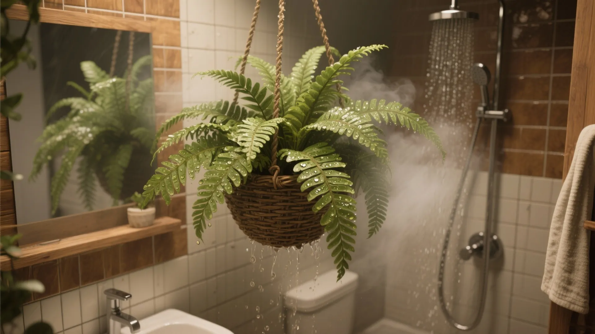 Boston fern in a hanging basket near a shower with moist fronds and warm tiles.