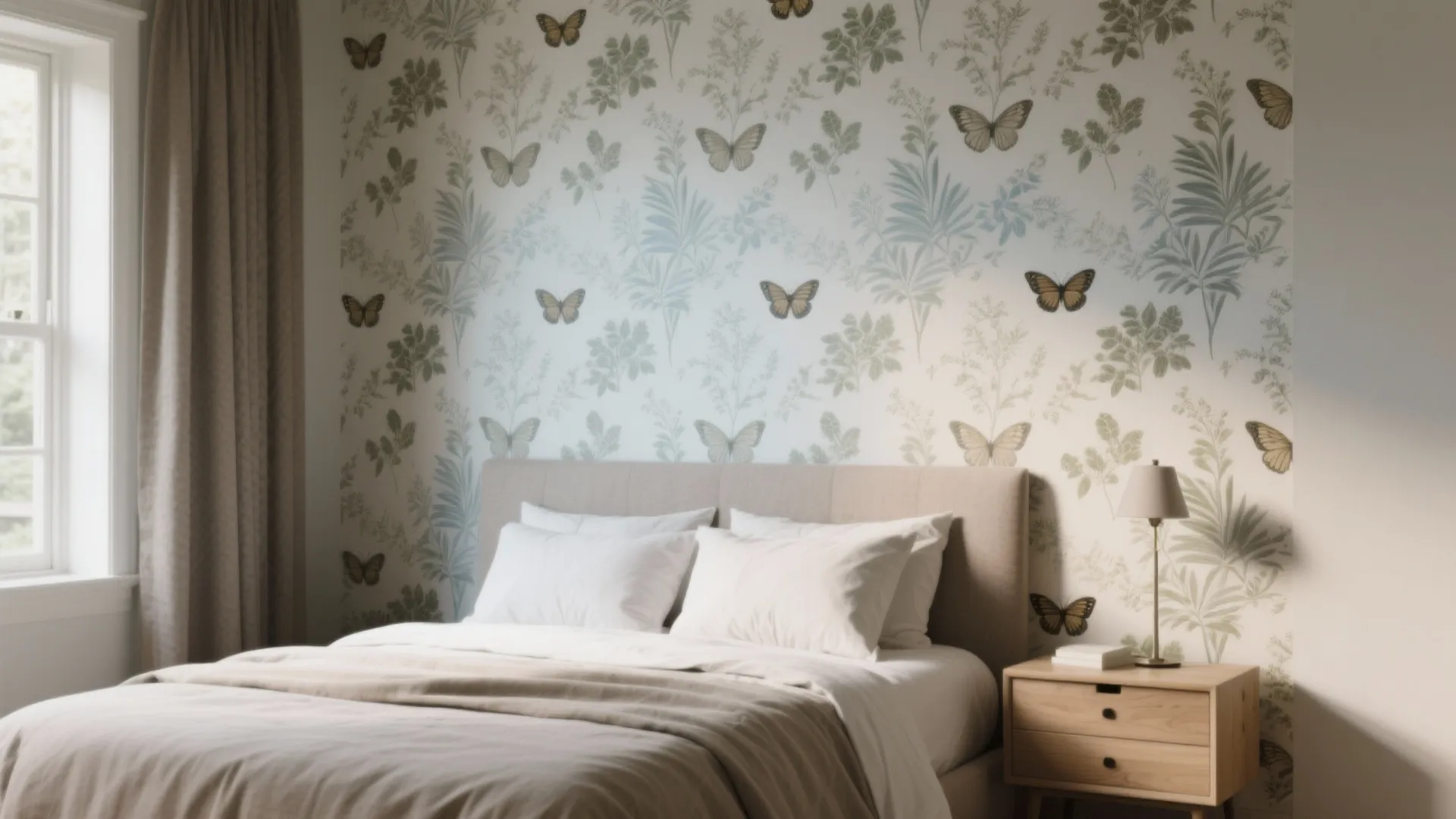 Refined bedroom feature wall with botanical wallpaper and subtle butterfly motifs in muted tones.