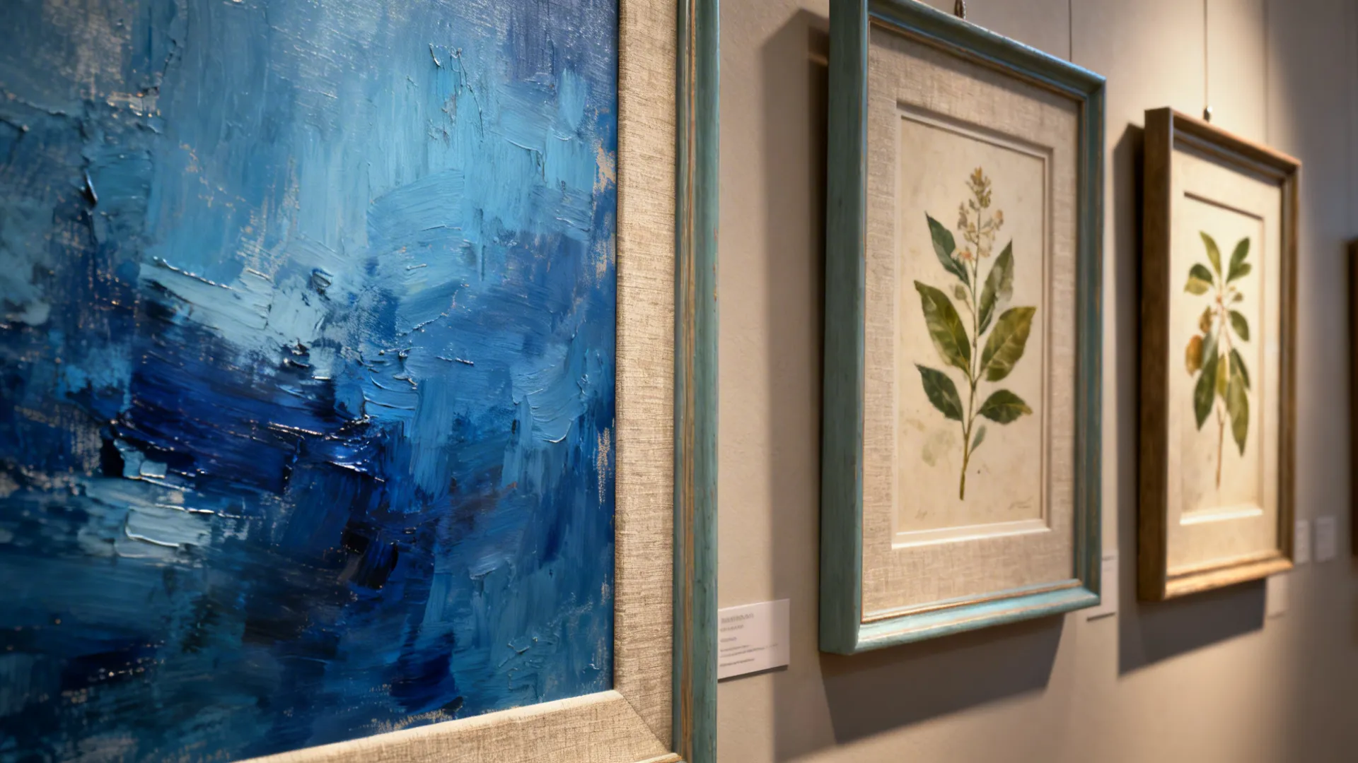 Gallery wall with a large abstract blue painting and botanical prints