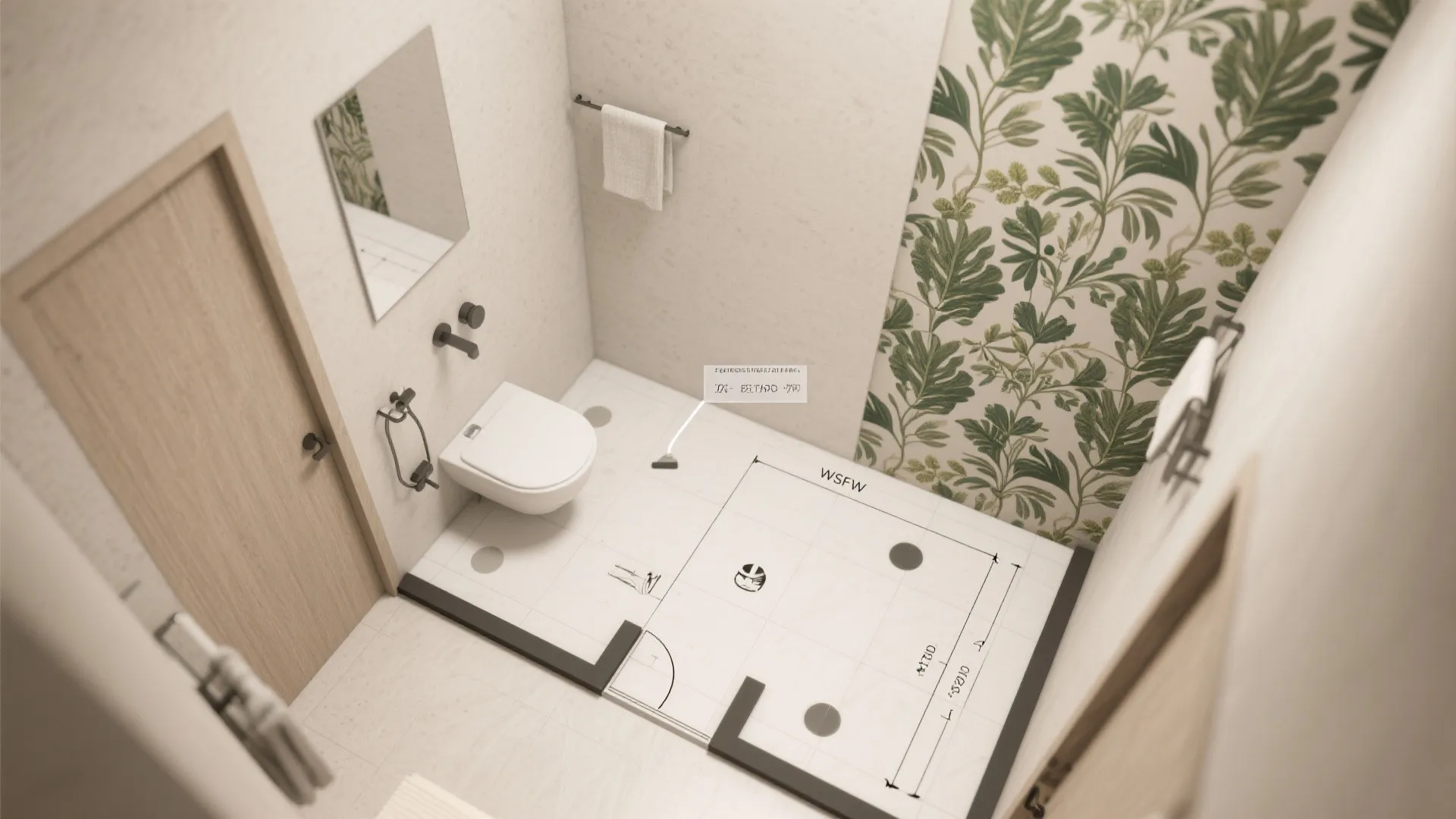 Interior design drawing showing a small bathroom layout with floral wall panel and white toilet