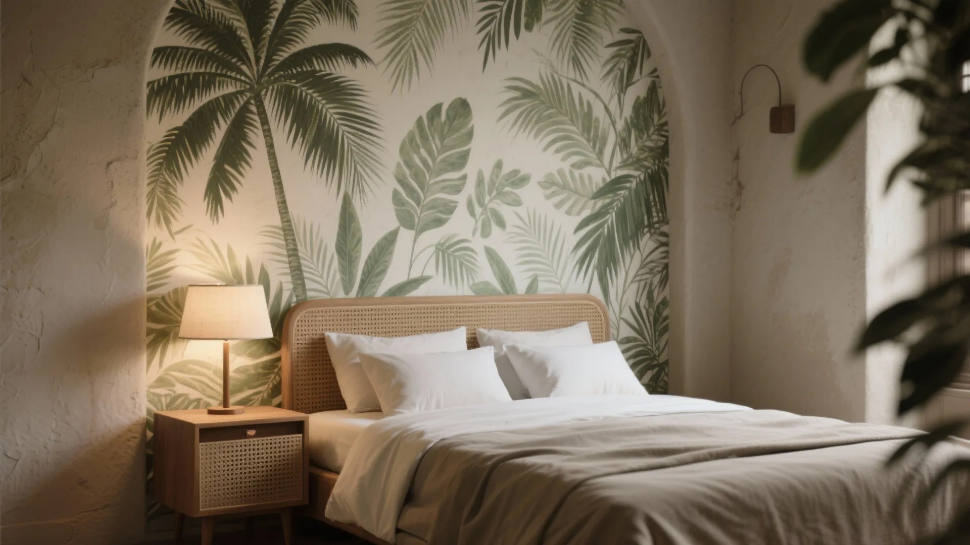 2. Botanical accent wall behind the bed
