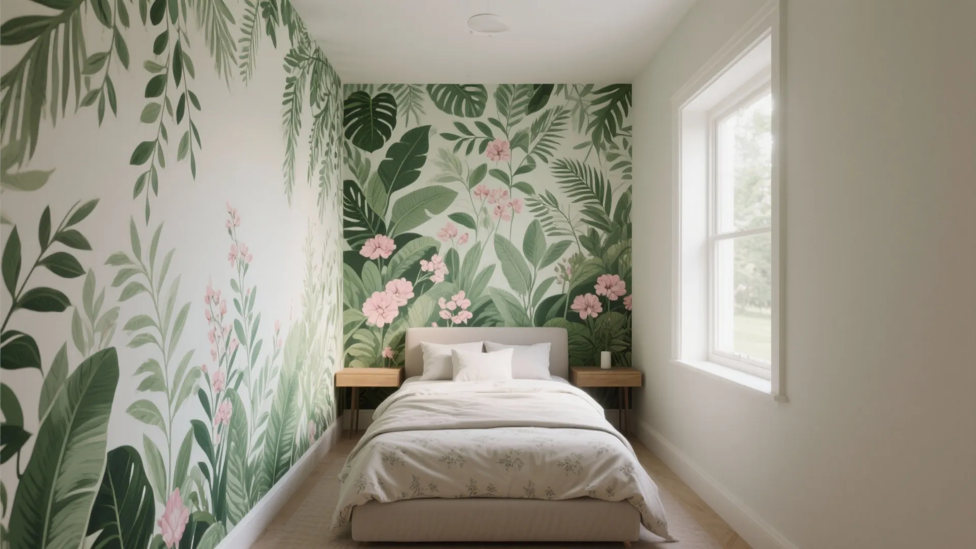 Narrow bedroom with a leafy green mural wallpaper accented by subtle pink florals and simple neutral bedding.