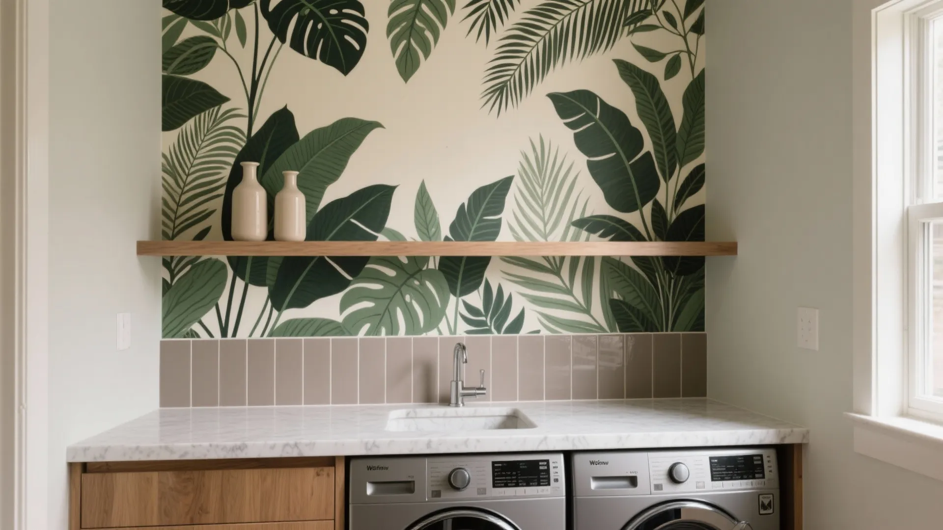 Laundry area with green leaf patterned wallpaper marble counter two washing machines and wooden shelf