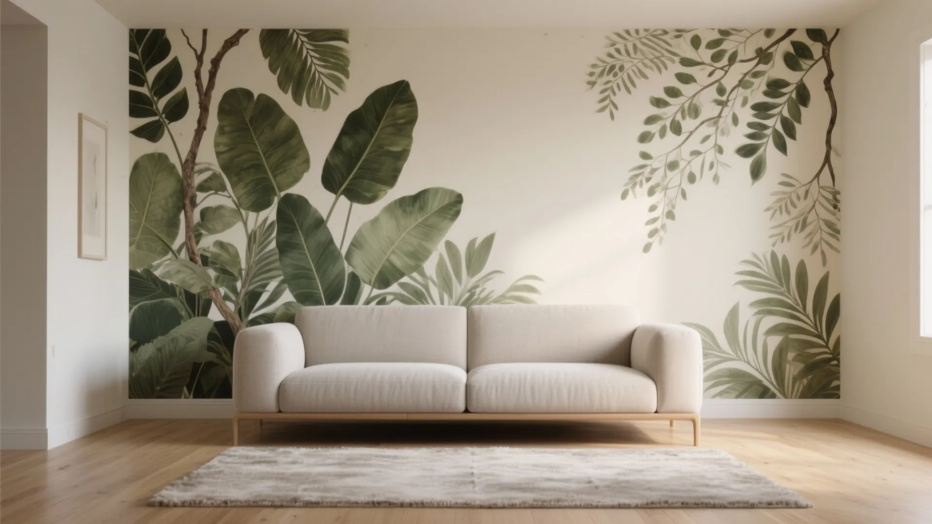 Modern living room with cream sofa wood floor and large tropical green leaf wall mural
