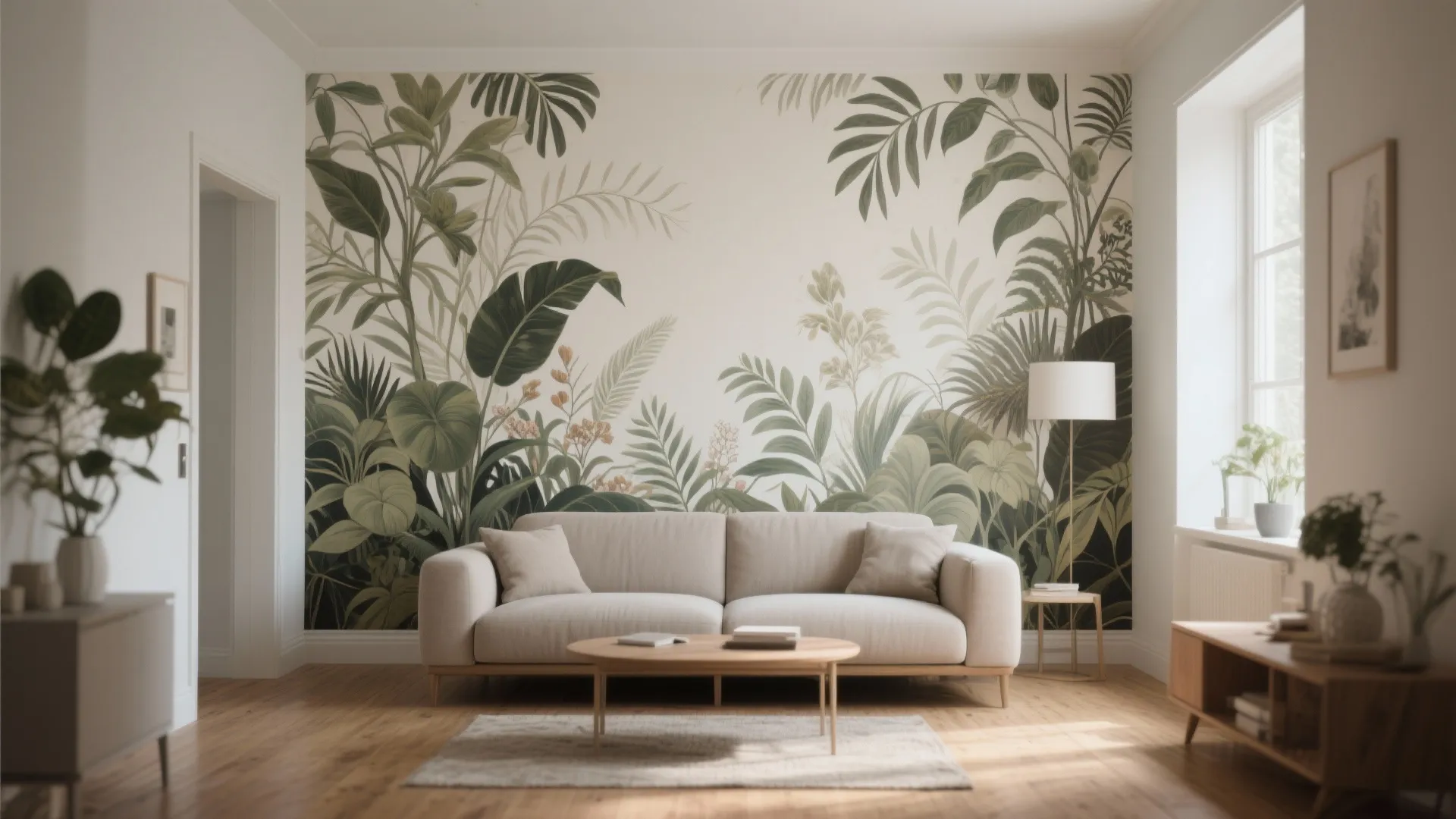 Small living room with a large-scale botanical mural on one accent wall and neutral furnishings.