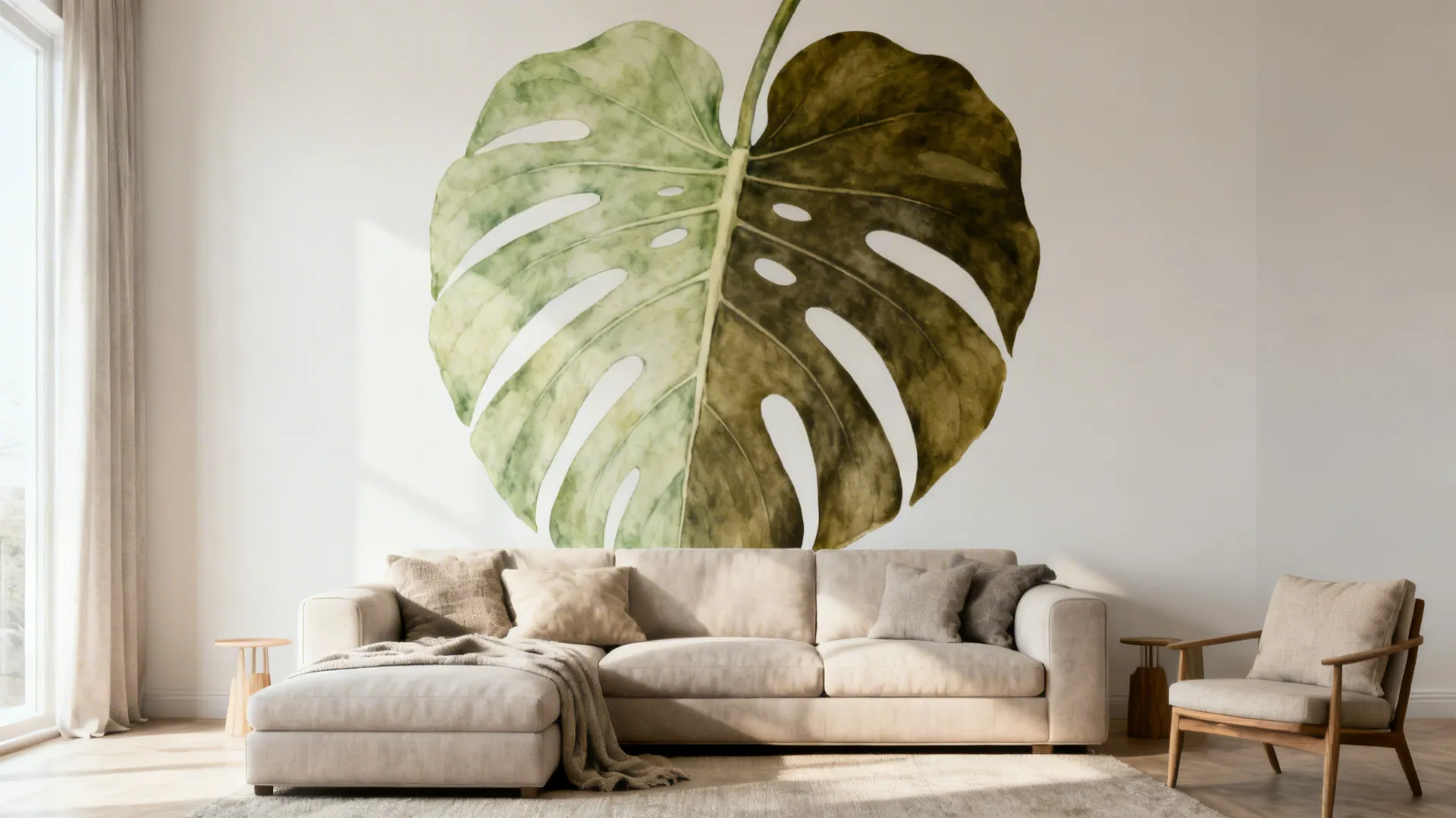 Living room with an overscale botanical peel-and-stick mural behind a sofa, creating a calm focal point.