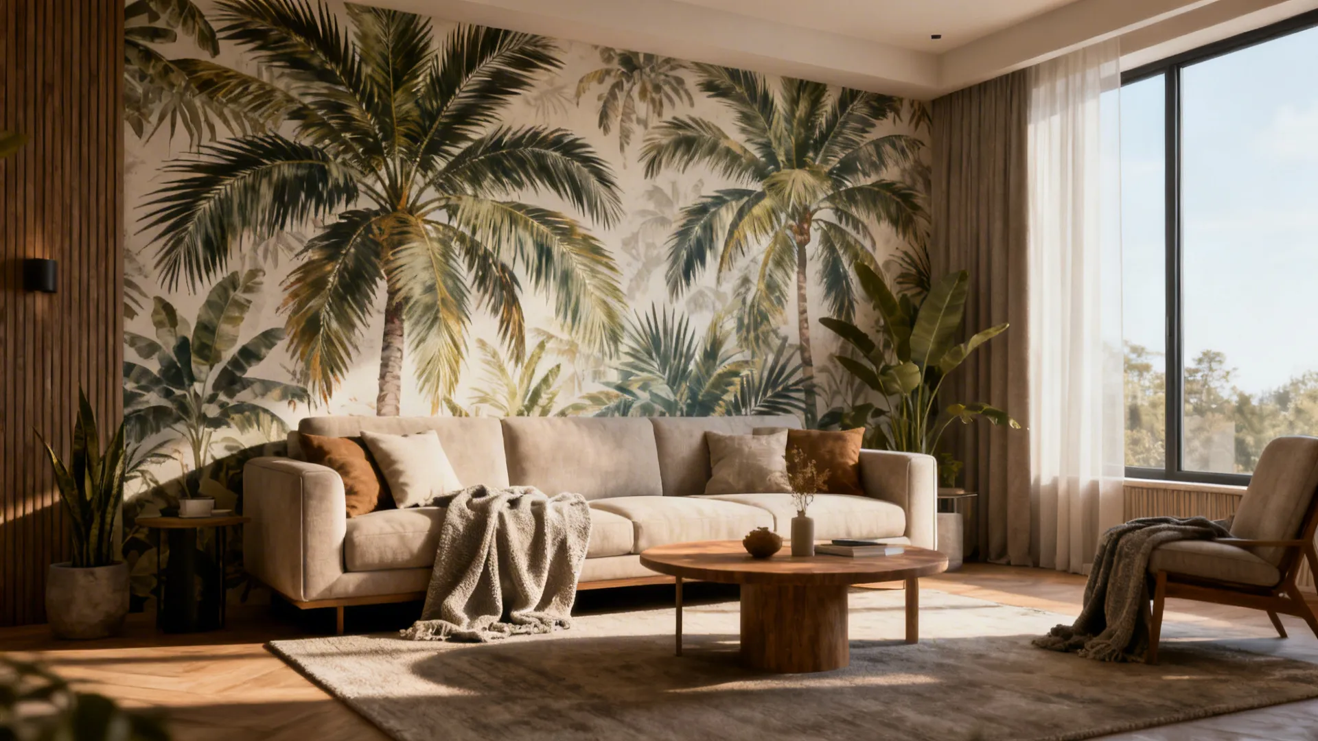 Living room with a large-scale palm botanical wallpaper on a single accent wall behind a sofa, neutral decor and natural light.