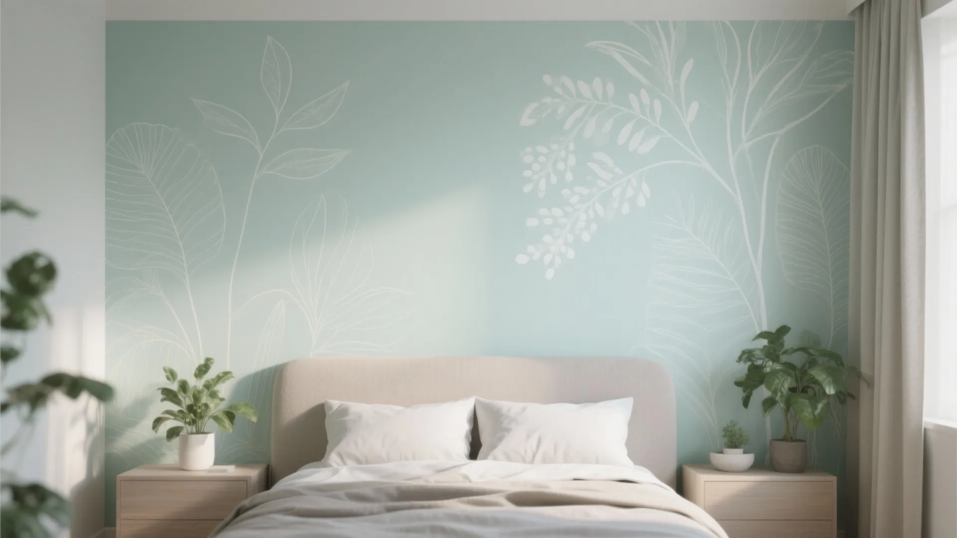 Modern bedroom with light green floral wallpaper two bedside tables and small green potted plants