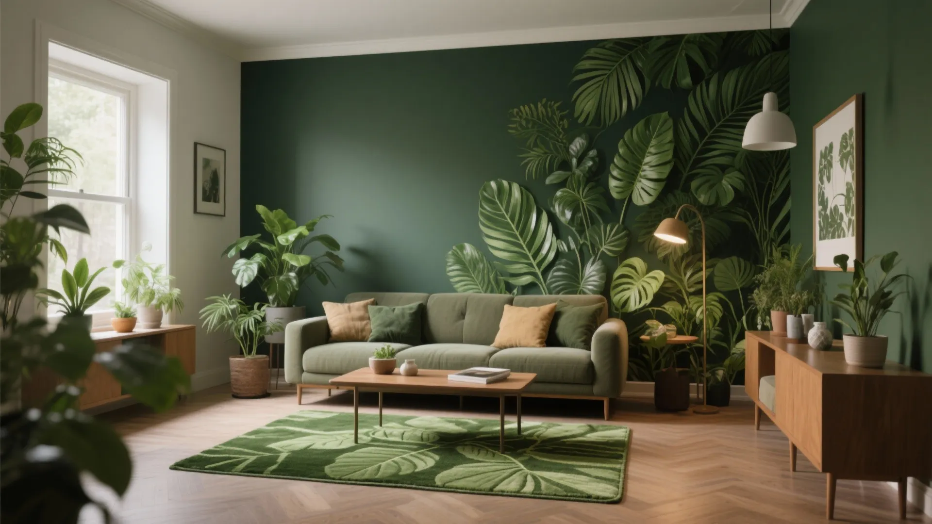Green living room with leaf wall mural olive sofa patterned rug many plants and natural light
