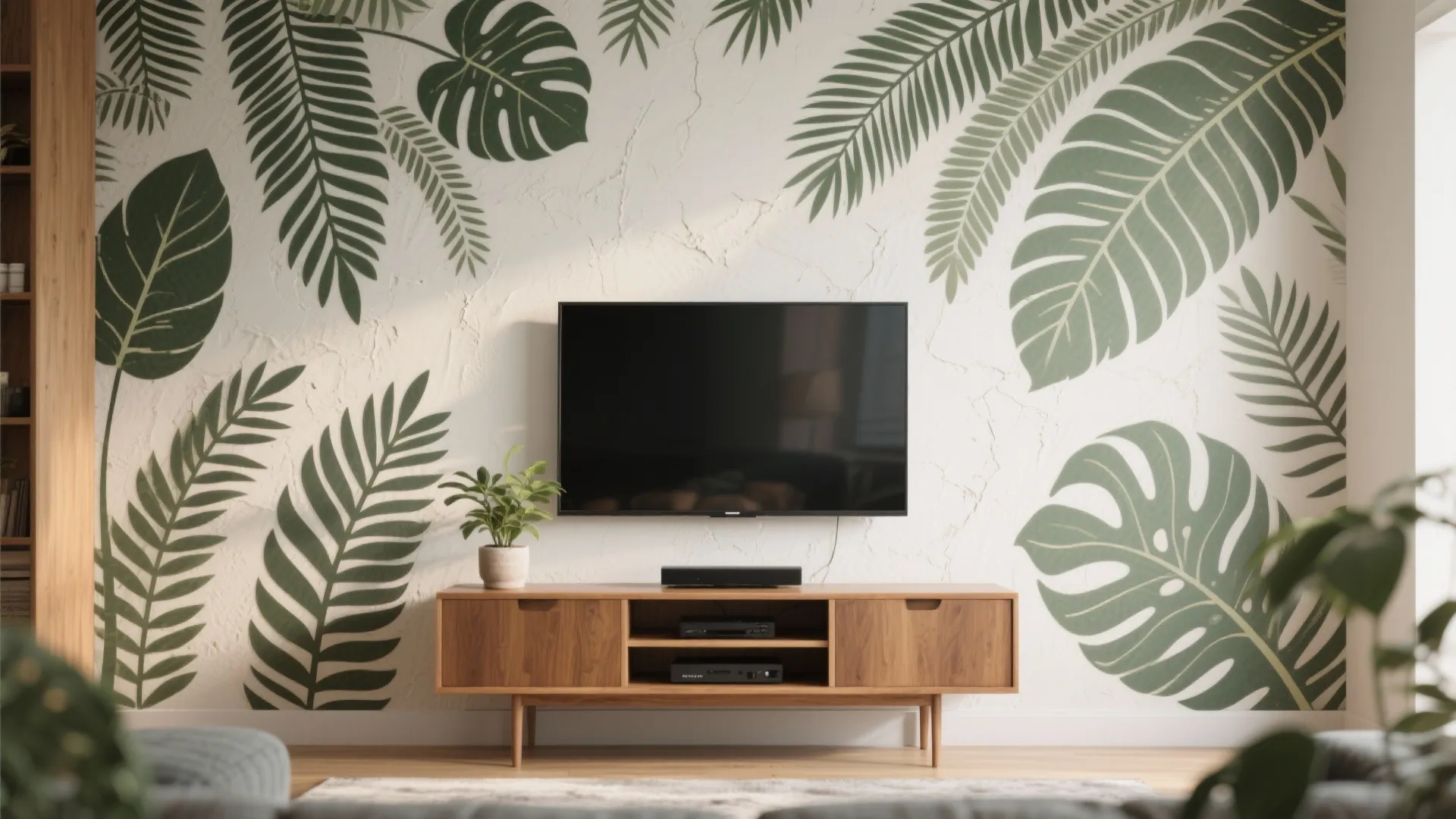 Modern living room featuring botanical leaf wall pattern behind a television and wooden media cabinet