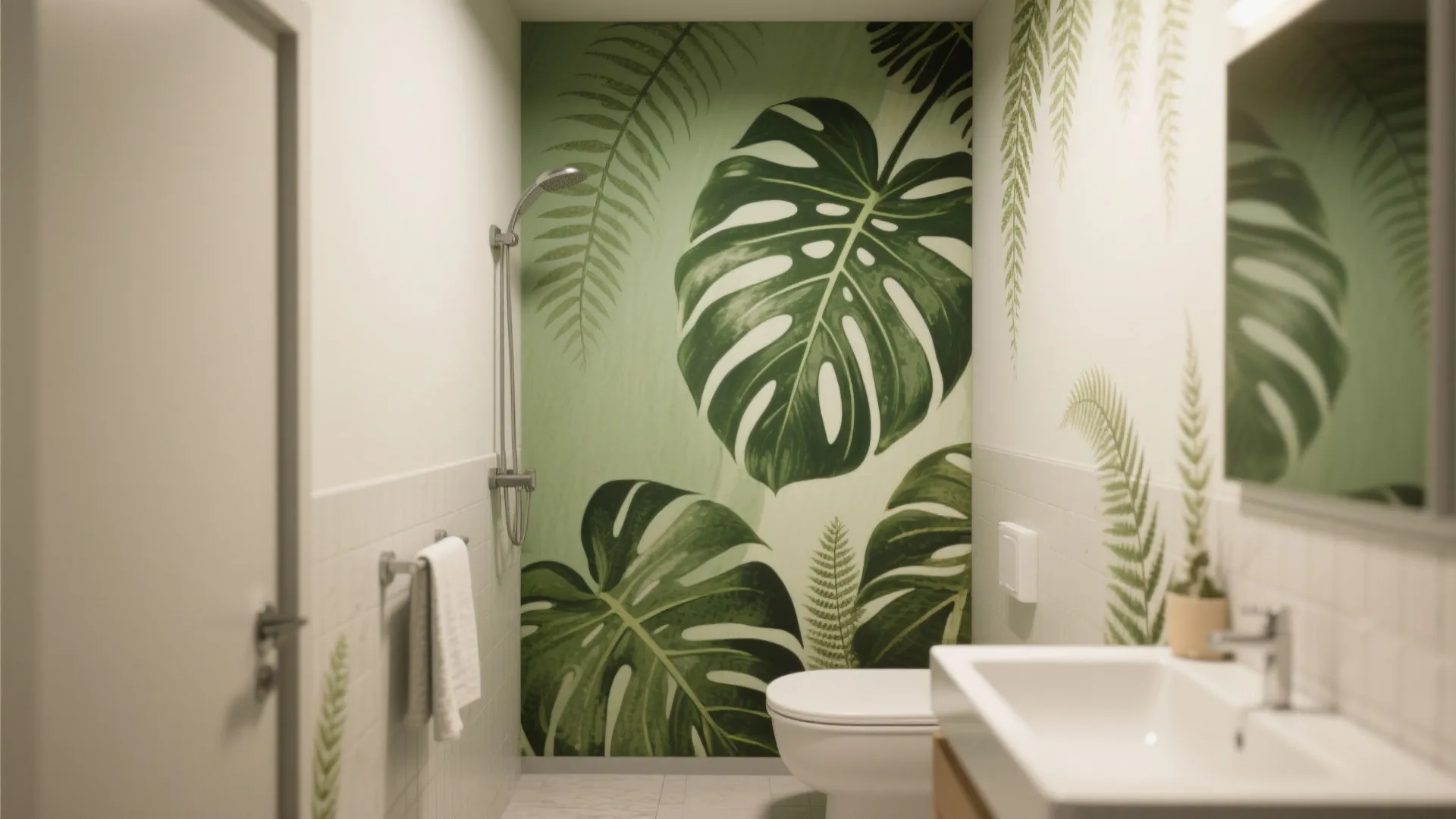 Modern bathroom featuring large green leaf wall mural with white toilet sink and shower fixture