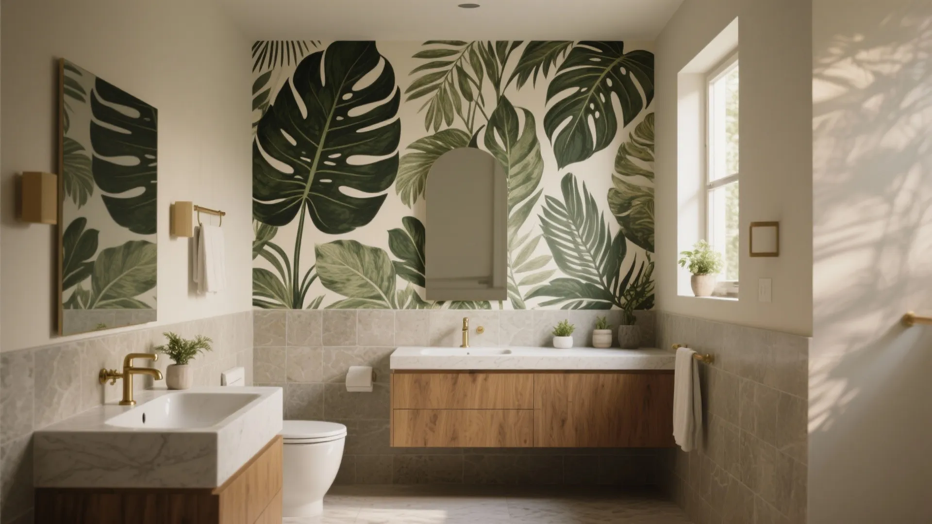 Small ensuite with a single large-scale botanical wallpaper accent wall behind a minimalist vanity.
