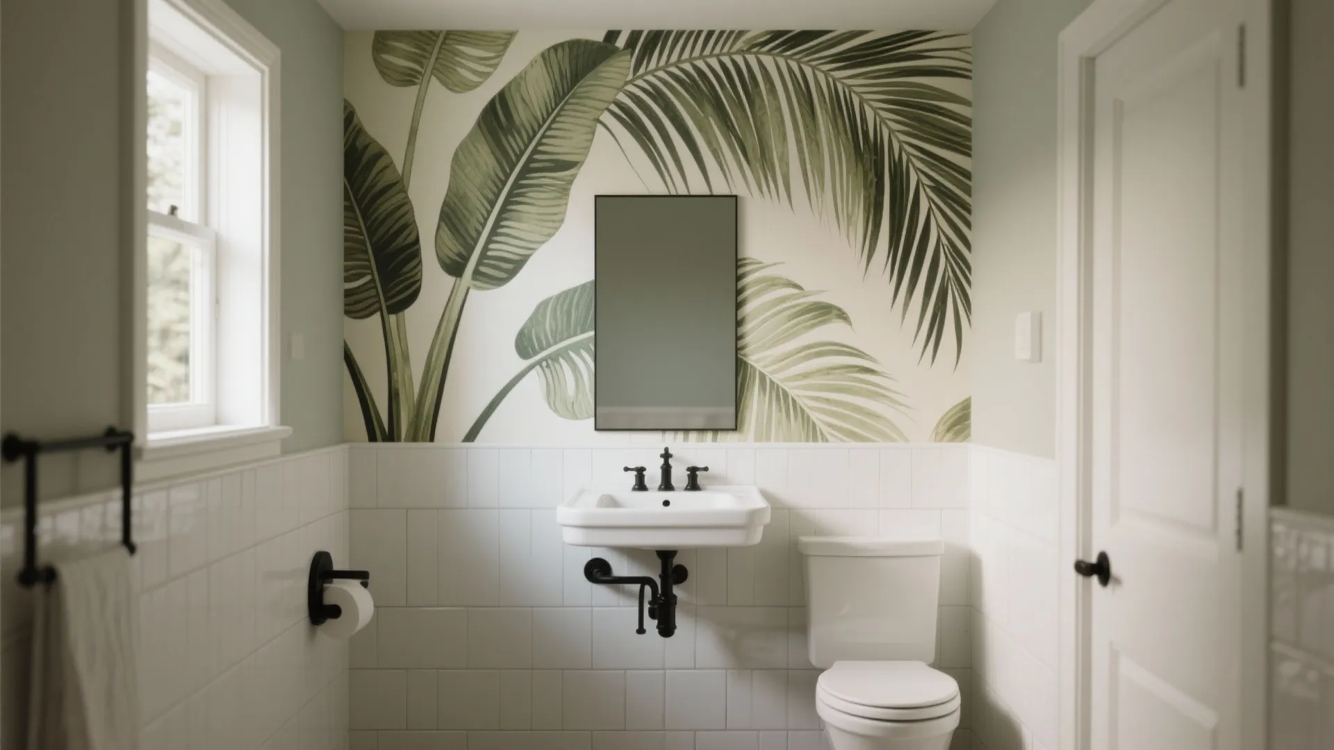 Small powder room with a large botanical mural accent wall above the vanity and white tile accents.