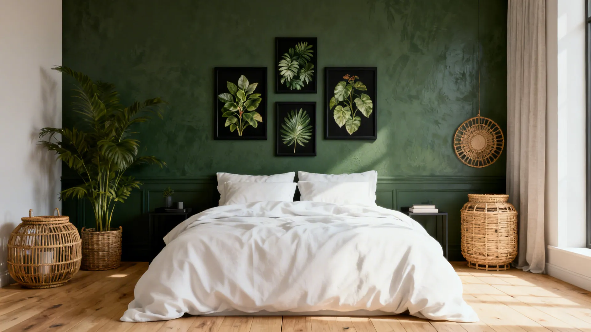 Bedroom with deep green wall, black-framed botanical prints and white bedding