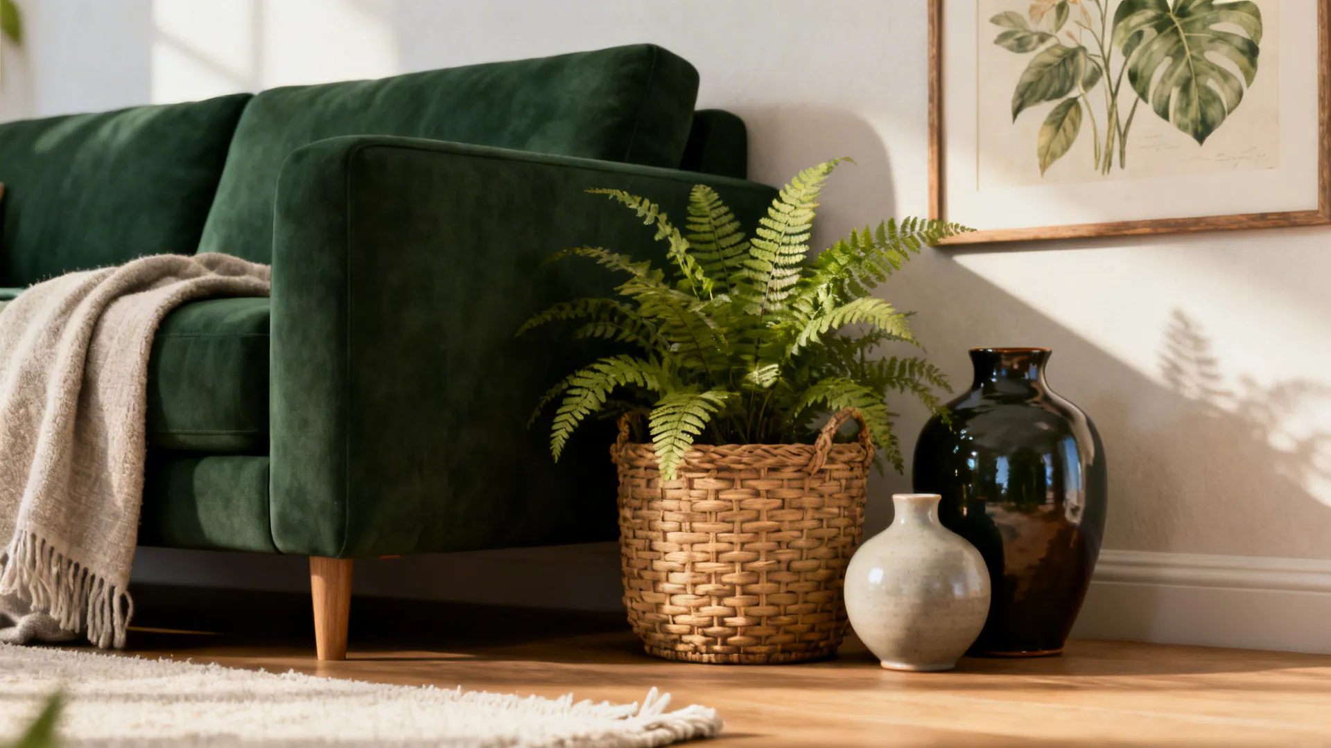 Close-up of woven basket planter, fern and textured ceramics next to a dark green sofa