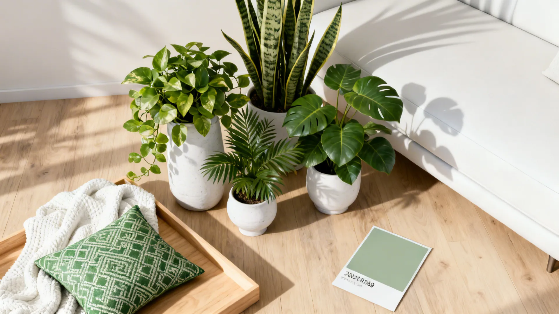 Flatlay of plants, white ceramics, green cushions and a sage paint swatch.