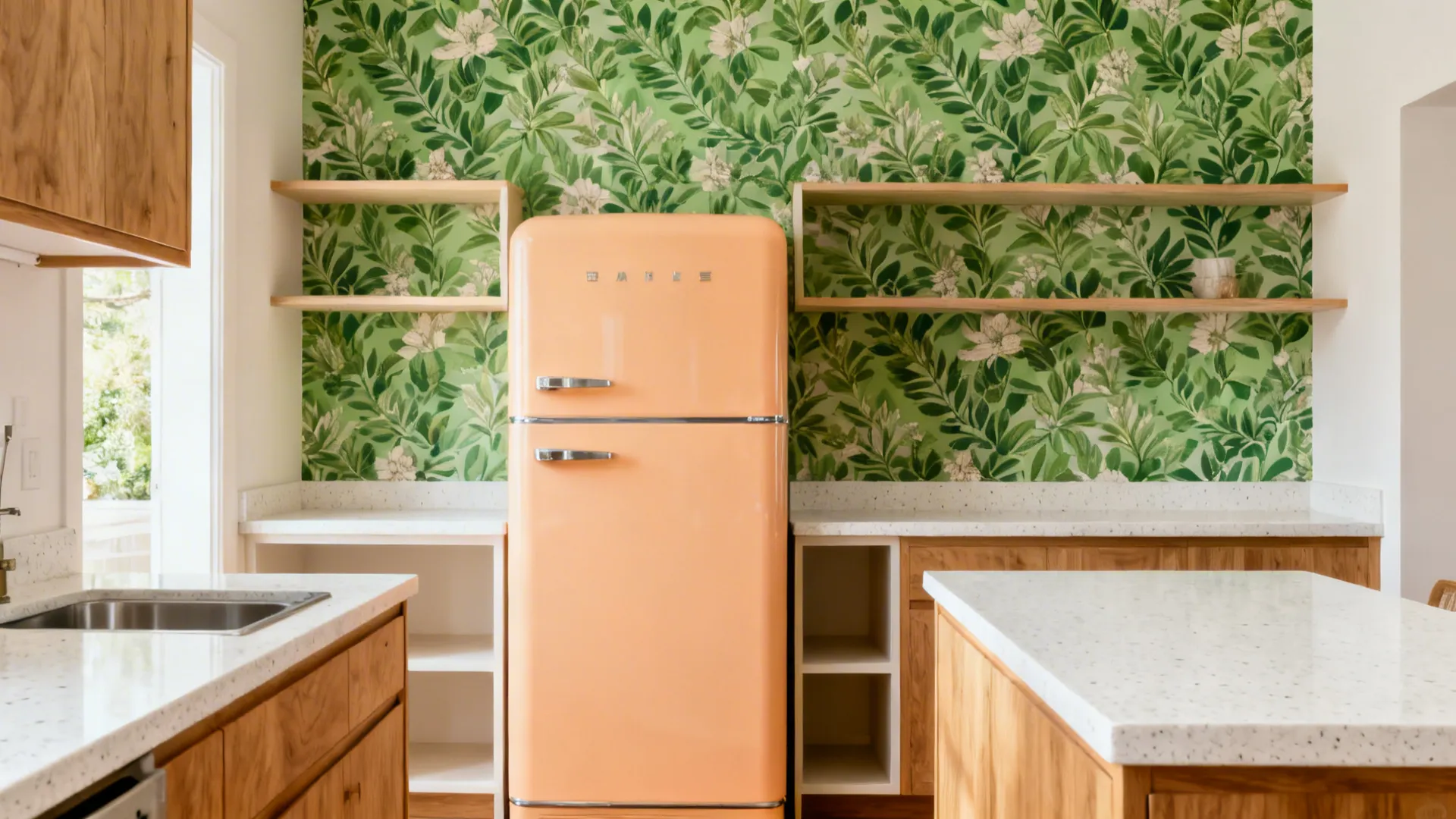 Compact kitchen with botanical wallpaper feature wall and apricot retro fridge.