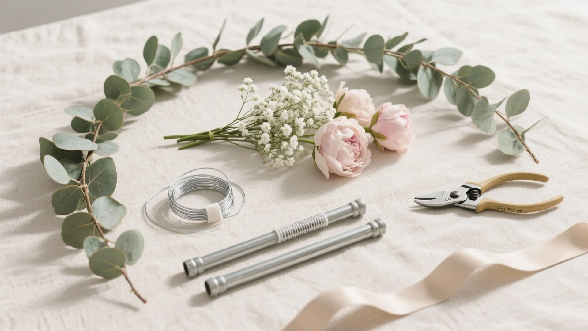 Green leaves and pink flowers with metal wire and cutting tools on a white cloth