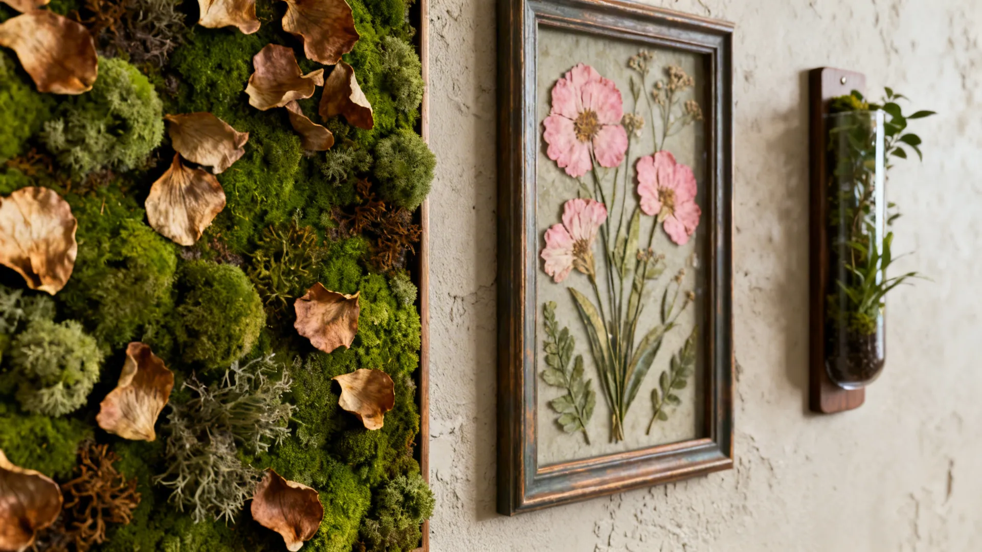 Close-up of preserved moss panel and pressed-flower frames on a living room wall.