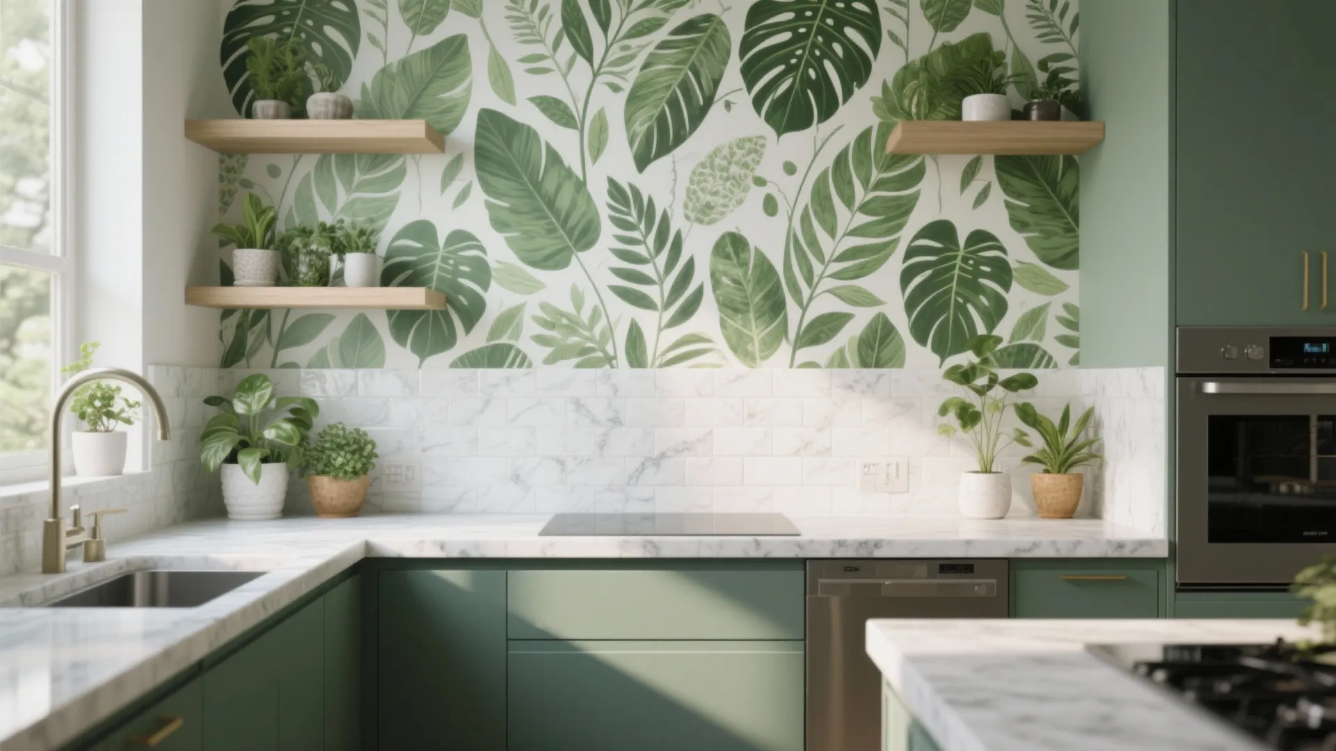Green kitchen cabinets with white marble wall tiles green leaf wallpaper and wooden shelves with plants