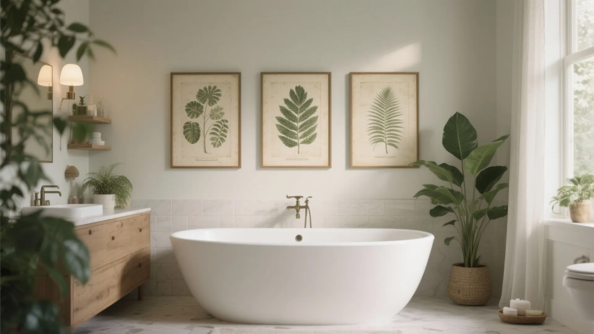White bathtub with botanical wall art, wooden cabinet, green plants, and marble floor in bathroom