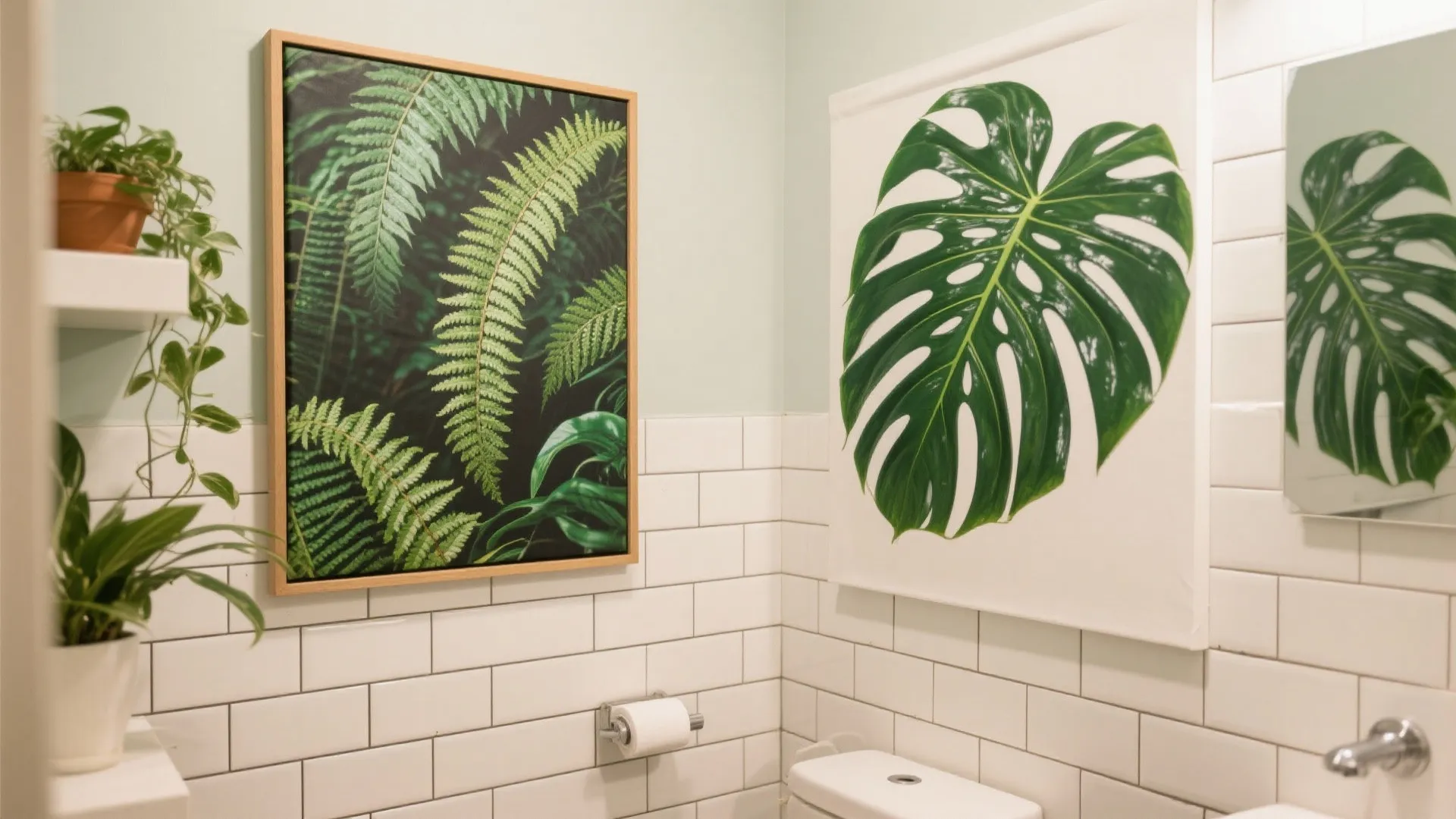White tiled bathroom with large green leaf wall art and potted plants on white shelves