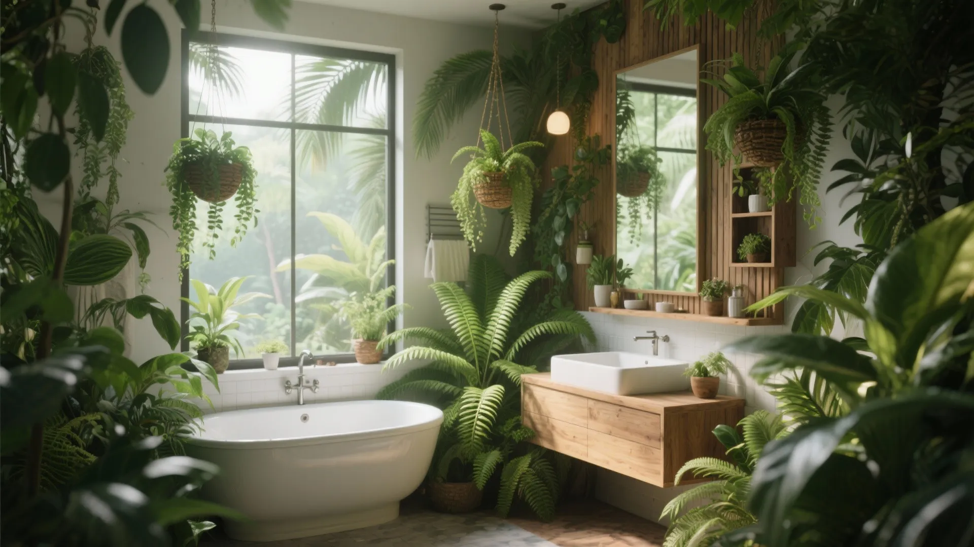 Botanical bathroom with white bathtub wood cabinet green plants large window and bright natural light