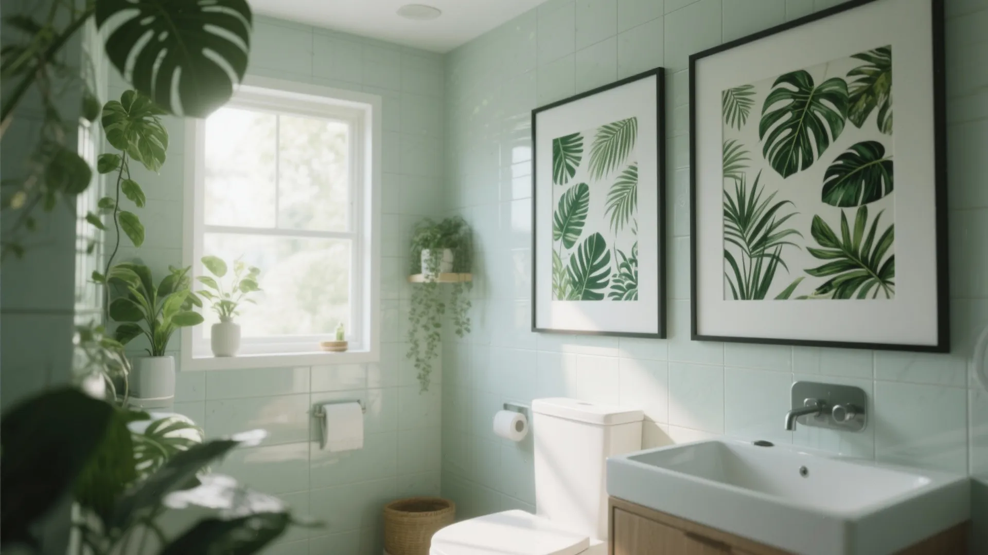 Bright bathroom with light green wall tiles green plants framed leaf art prints and white toilet