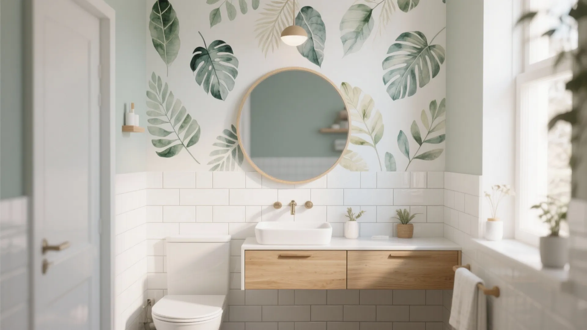 White tile bathroom with soft watercolor leaf decals and wooden vanity