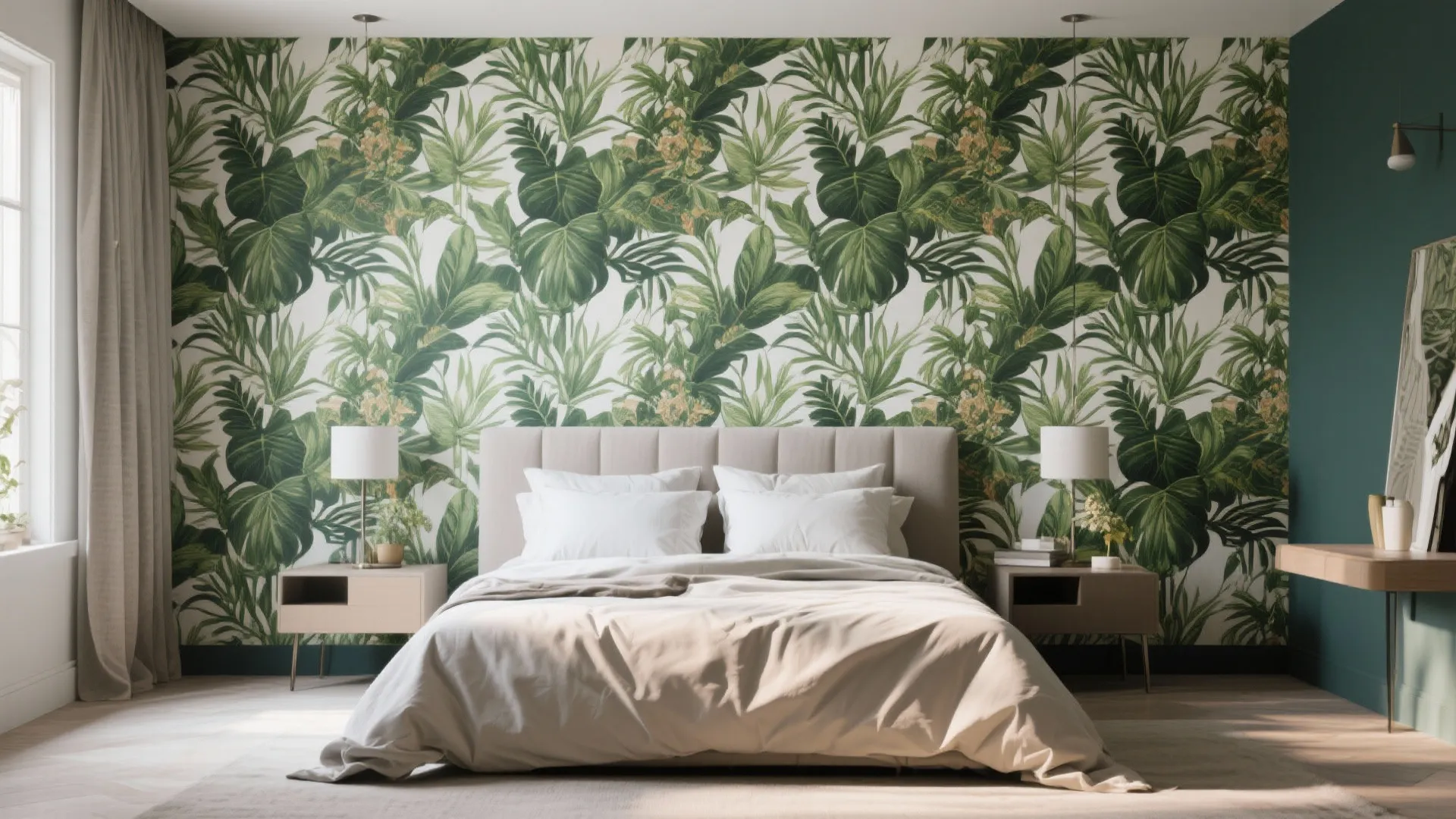 Modern bedroom featuring tropical leaf wallpaper behind a beige bed with white pillows and lamps