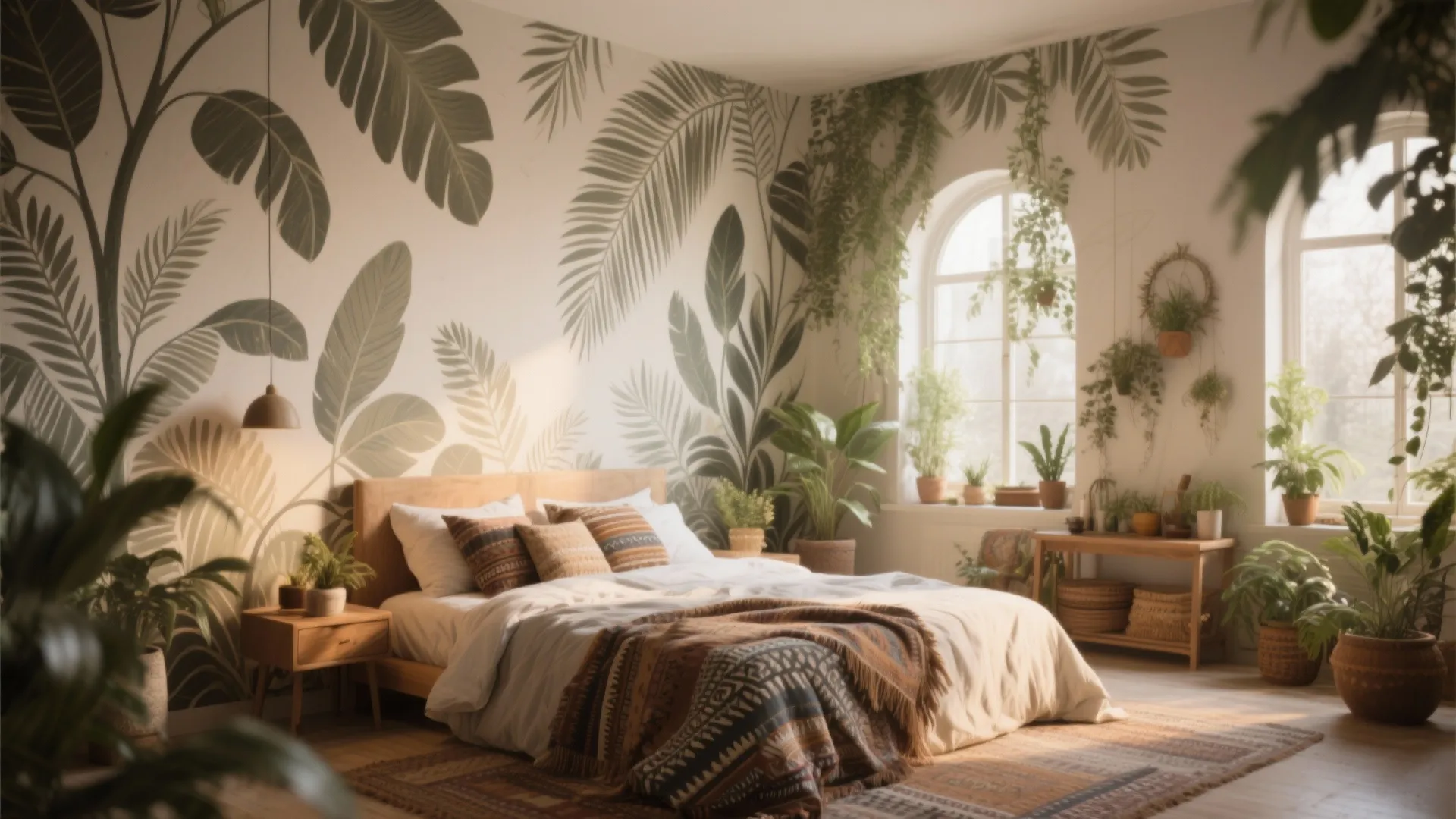 Tropical bedroom with leaf wall mural wooden bed many green plants and sunlight from large windows