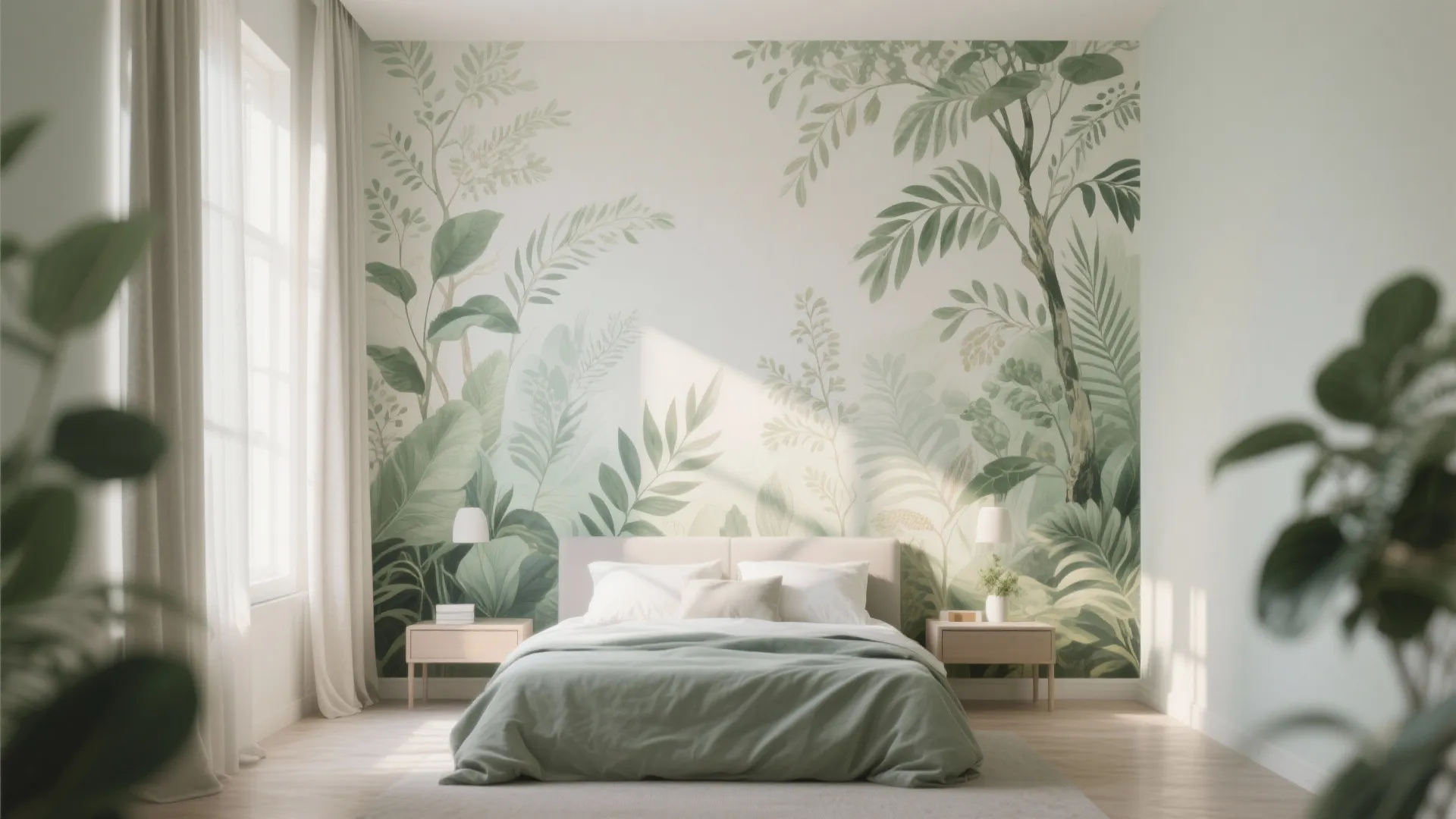 Modern bedroom featuring large green botanical wall mural behind bed with two light wood tables