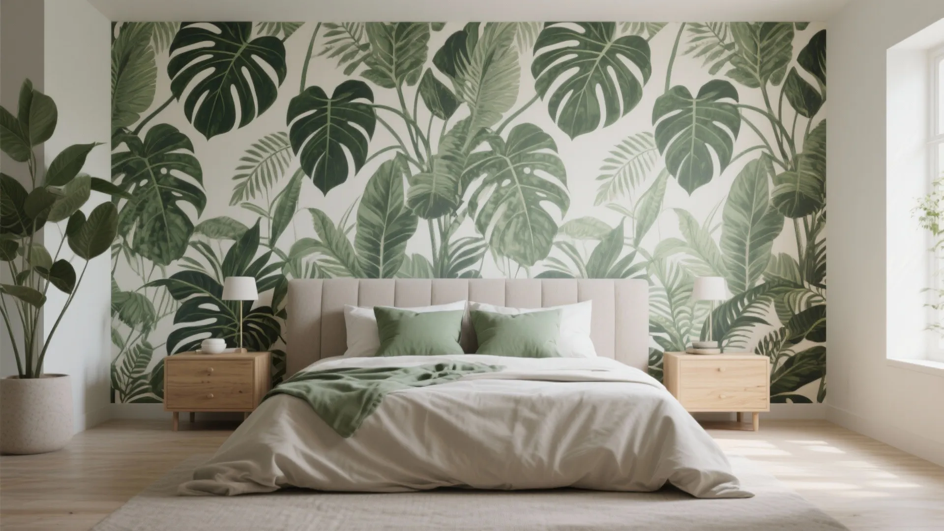 Modern bedroom featuring green leaf wallpaper beige bed wooden nightstands white lamps and natural light