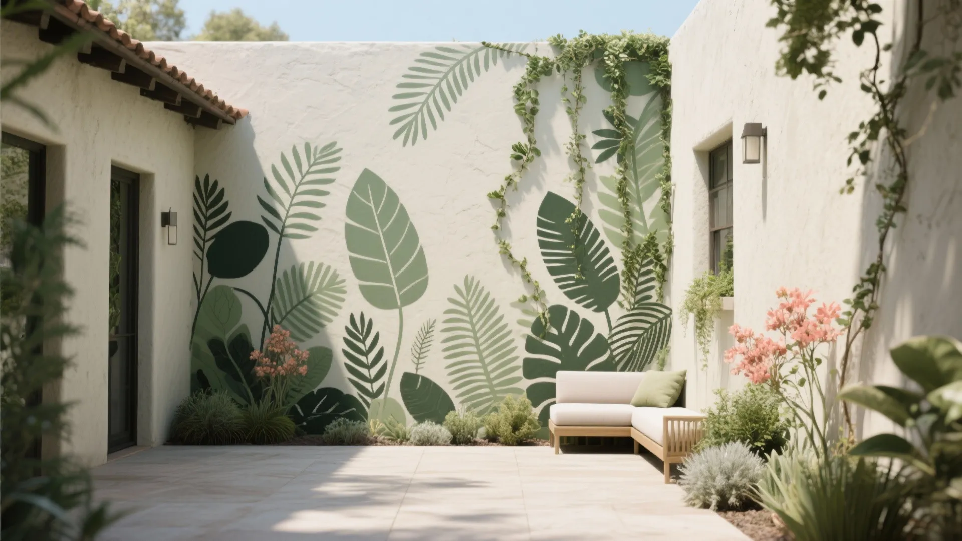 Outdoor patio with green leaf wall mural white sofa small garden plants and natural bright light