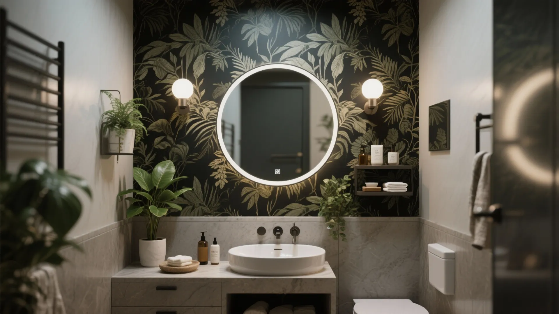 3. Black Wallpaper with Botanical Prints