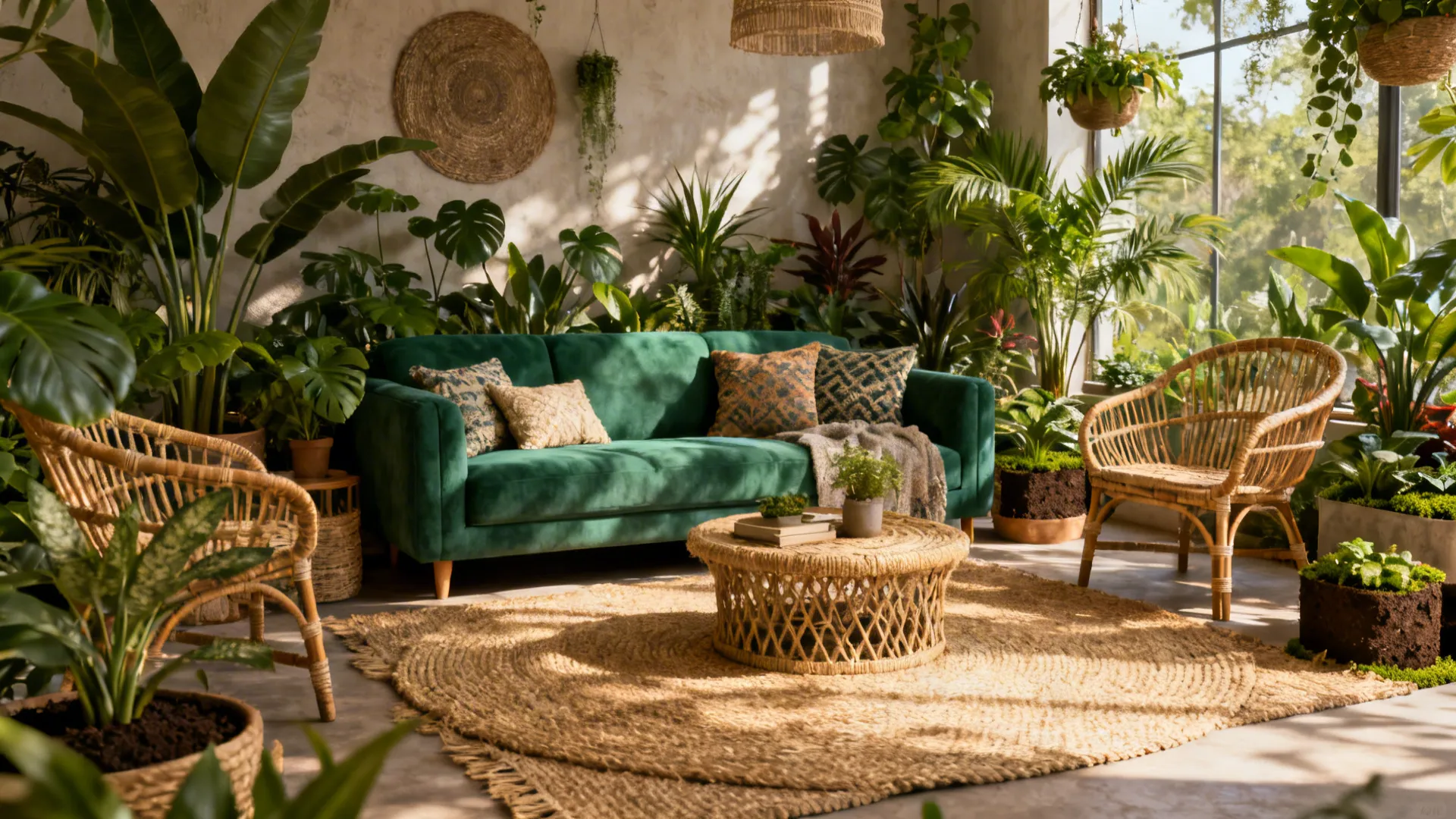 Boho living room with an emerald sofa, rattan chairs, jute rug and many houseplants.