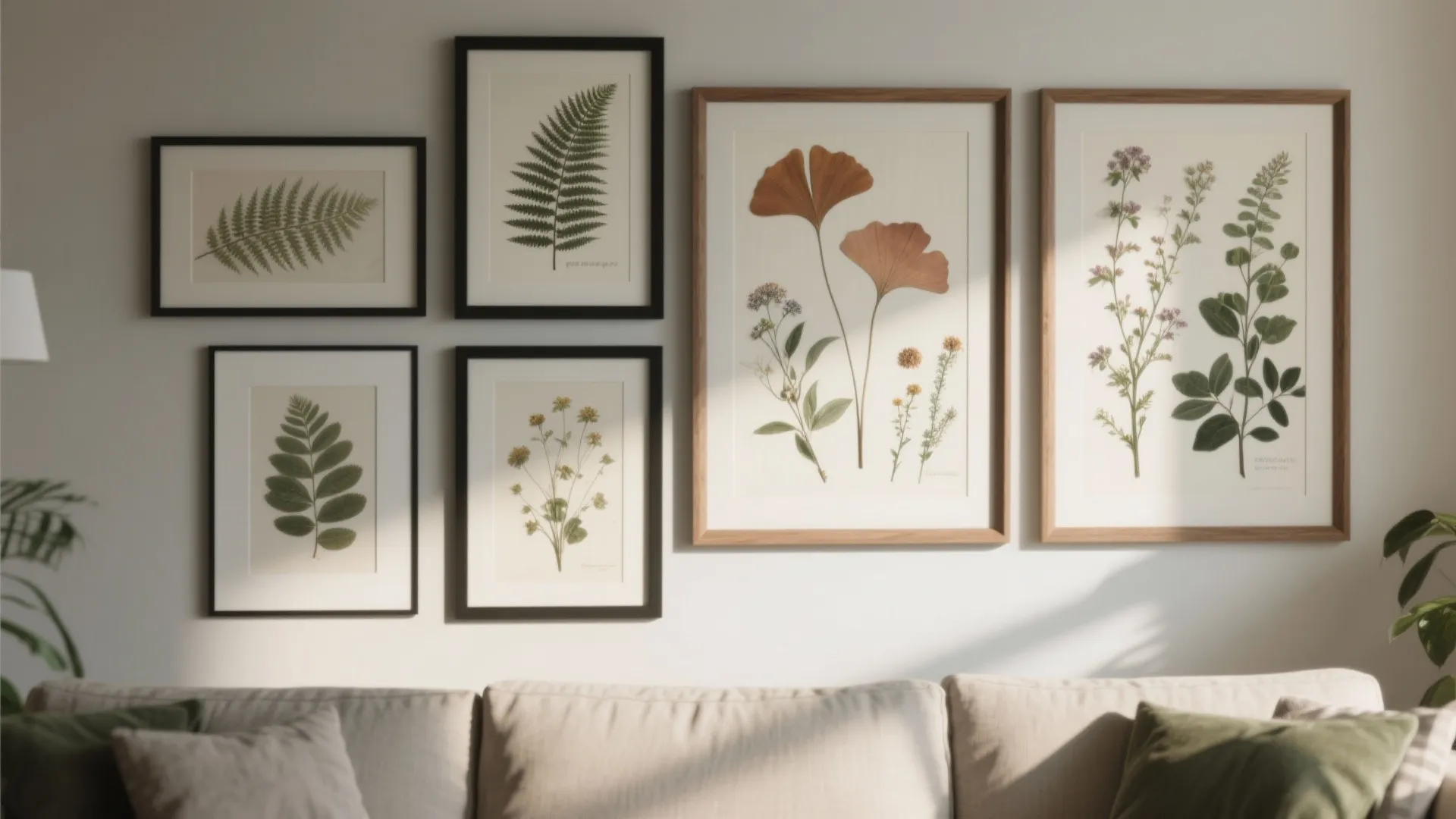 Botanical embroidery wall with fern and ginkgo motifs framed in matte black and oak on plain linen mats.