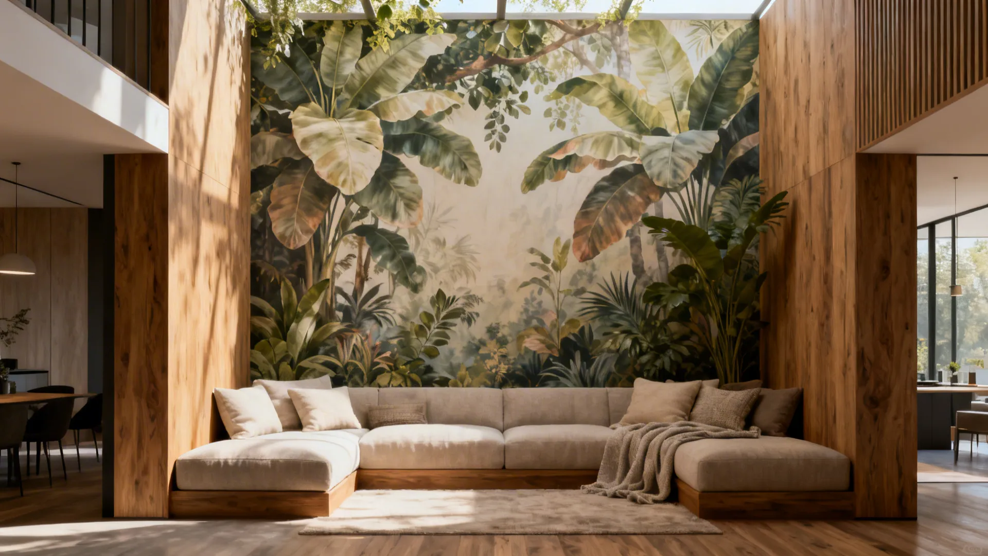 Cozy living nook anchored by a large botanical canopy 3D mural with layered foliage.