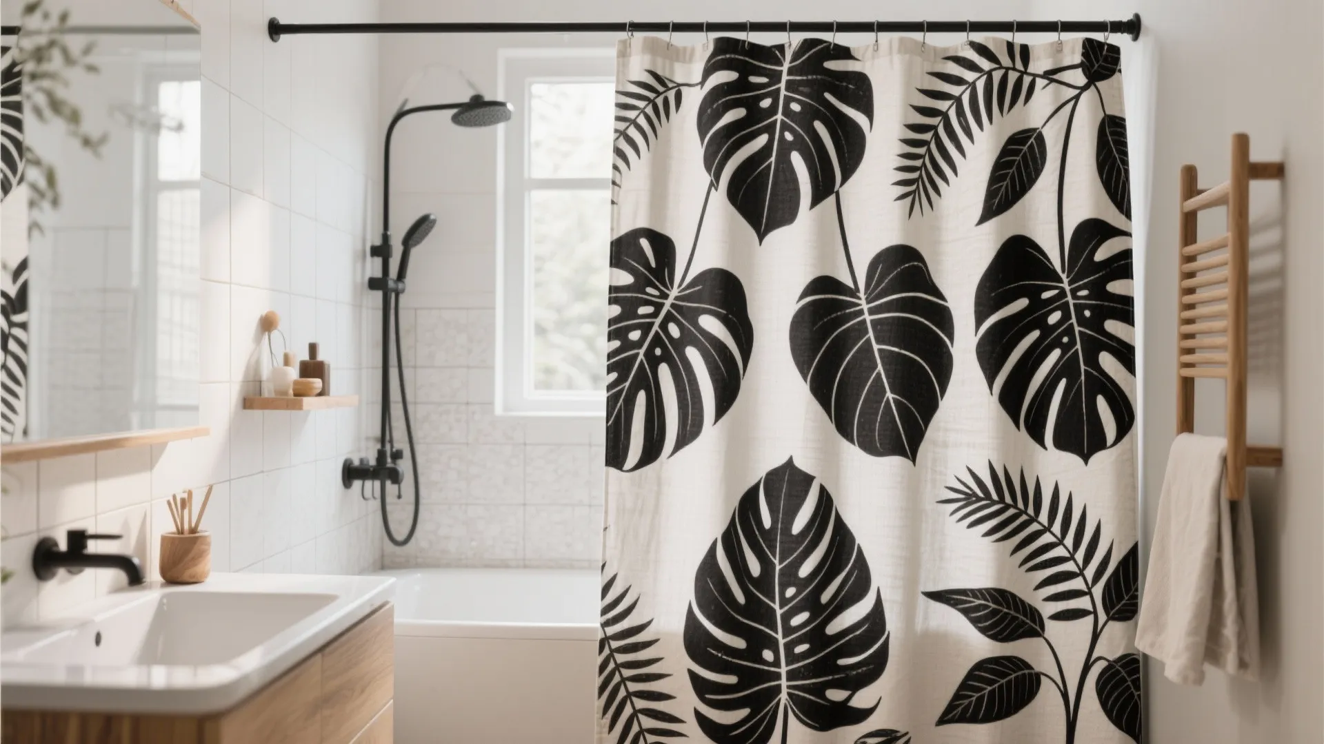 Bright bathroom featuring leaf print curtain wooden towel rack white sink and black wall shower head