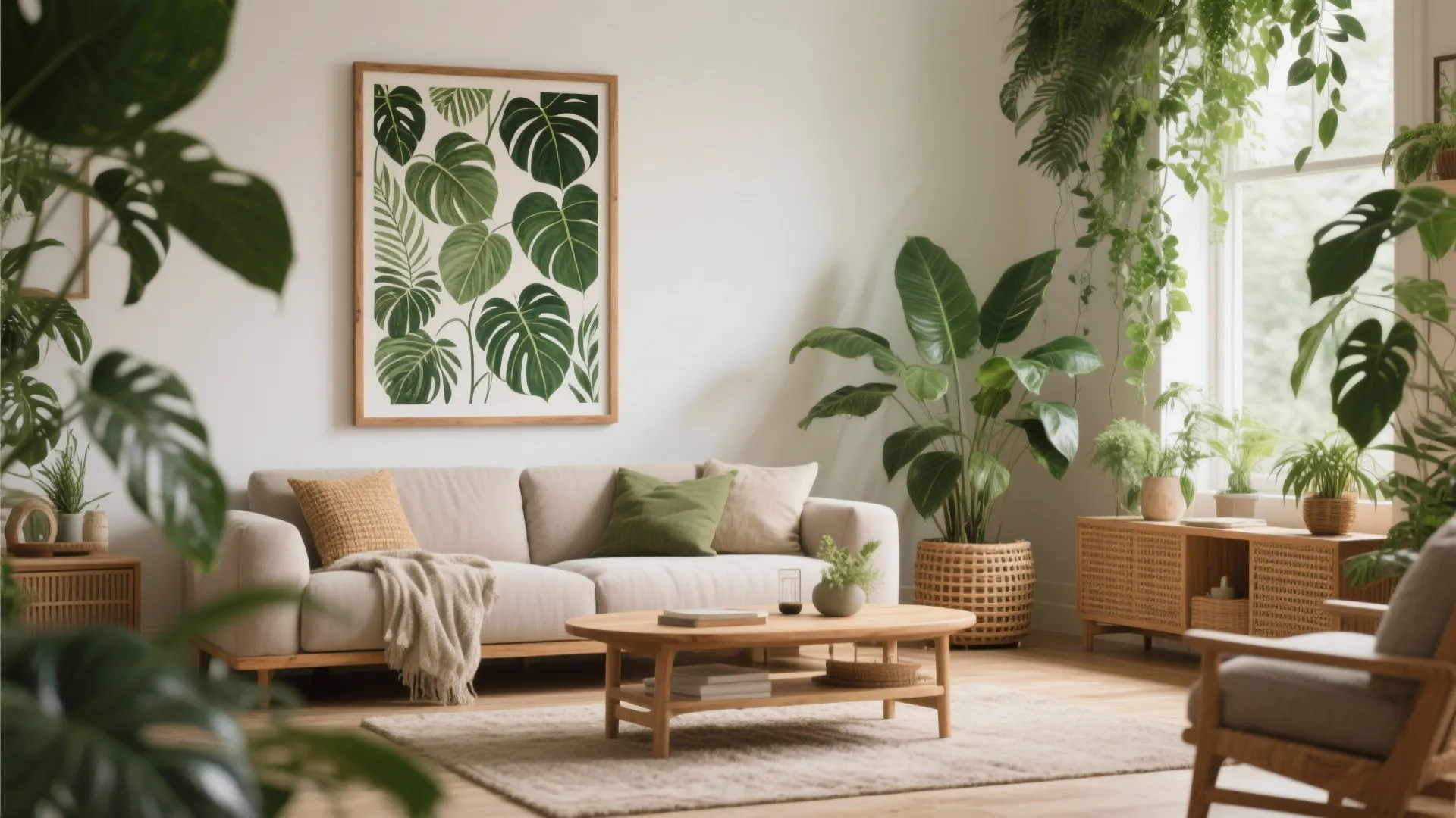 Living room with green botanical canvas and natural oak frame