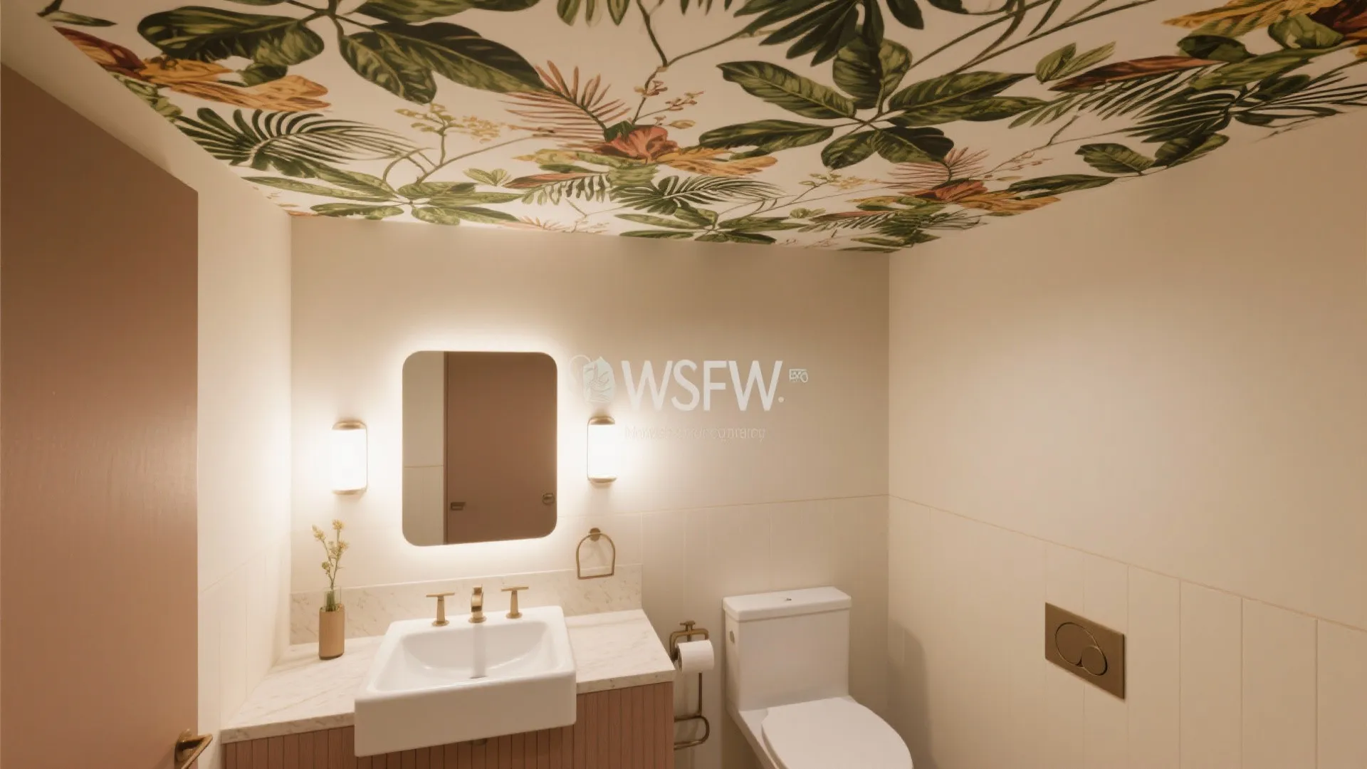 Modern bathroom featuring a green leaf pattern ceiling mural with white sink and white toilet
