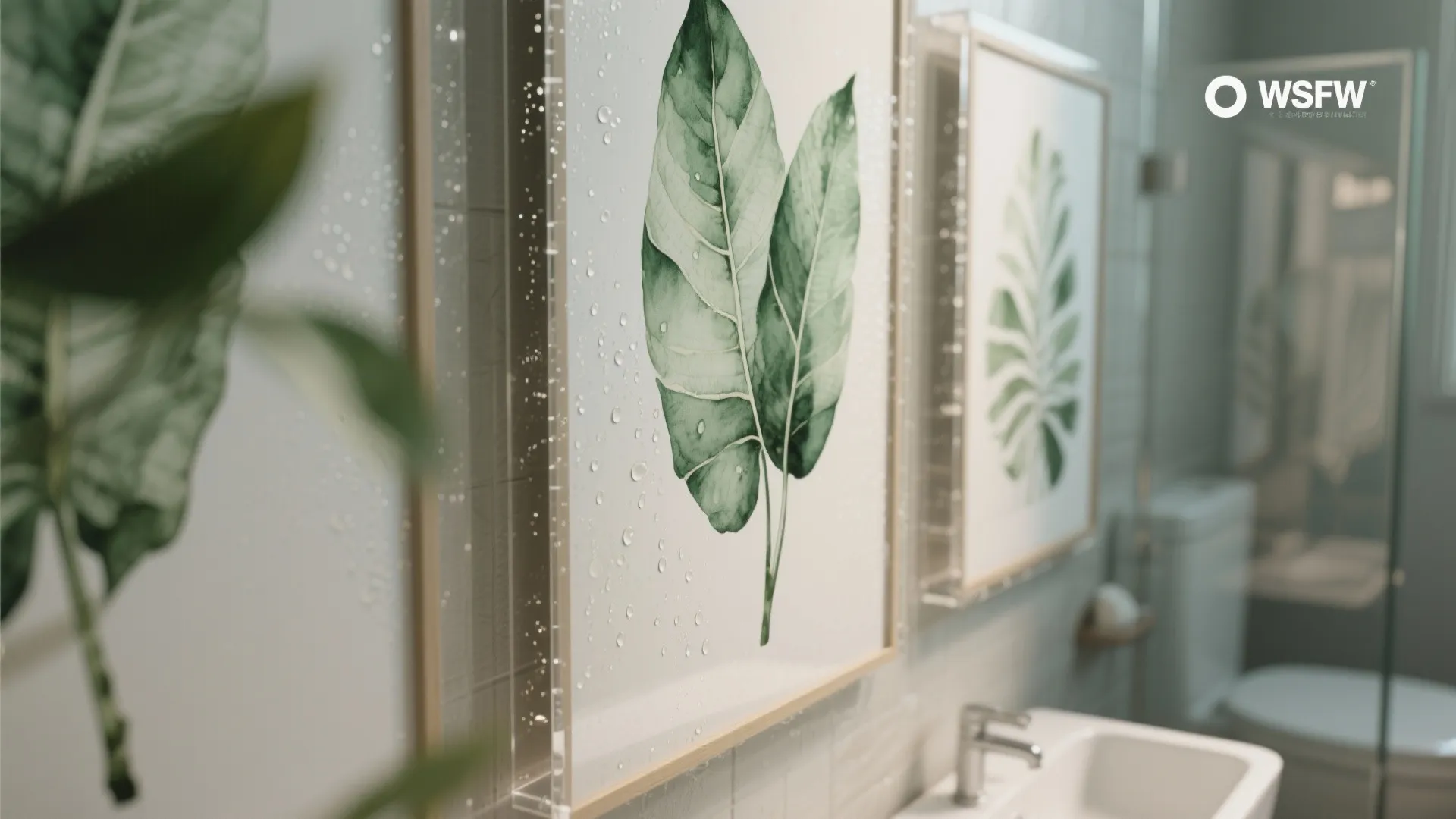 Close up of green leaf wall art in a modern bathroom with white sink and toilet