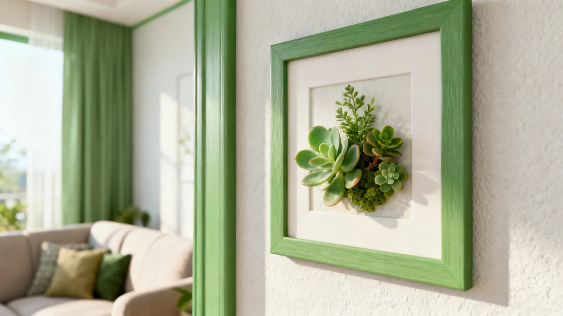Cluster of small framed botanical prints with subtle green accents on a living room wall.