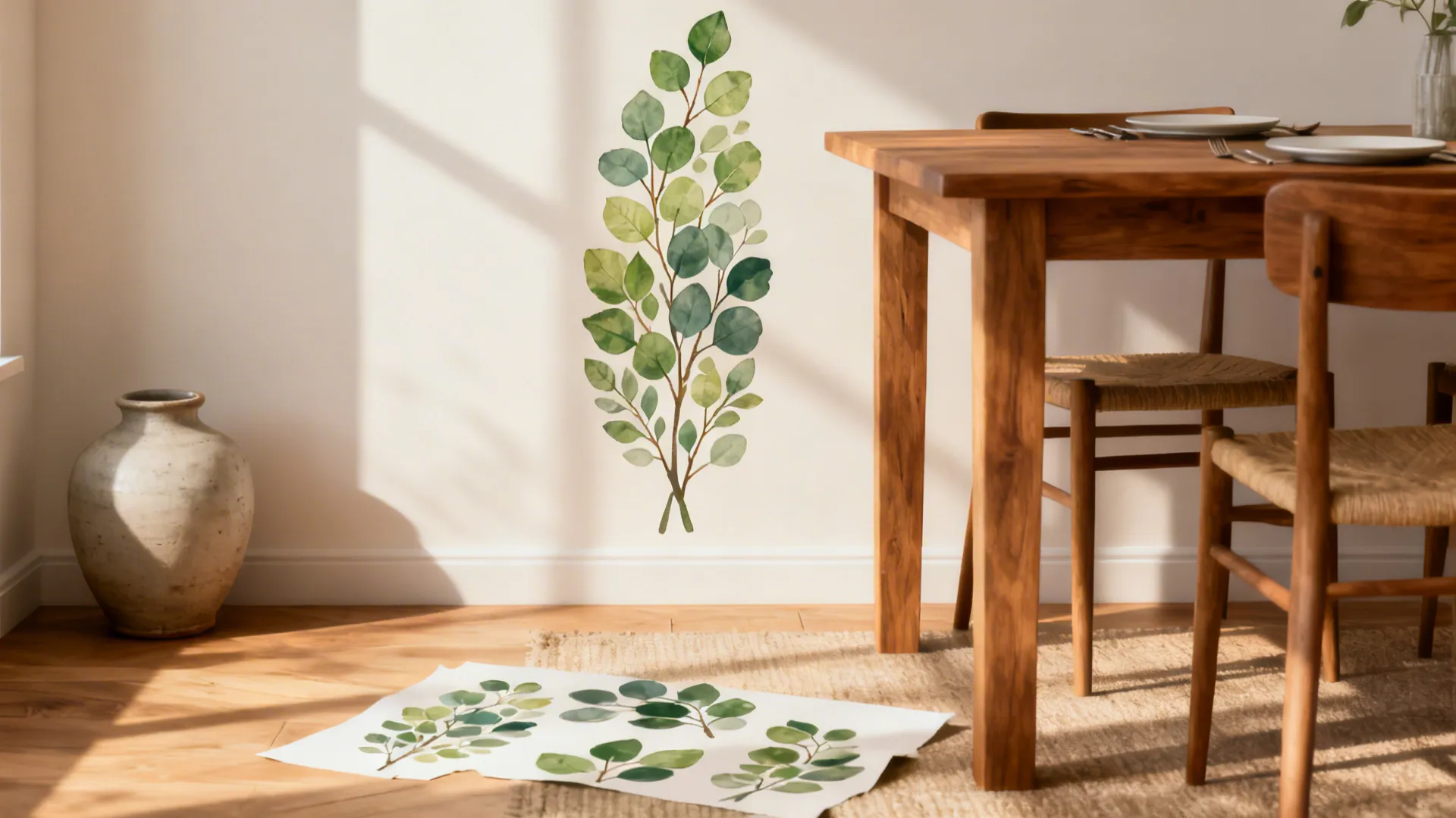 Dining room with vertical botanical sticker clusters staged beside a wooden table, pieces laid out on the floor.