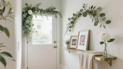 Serene Entryway with Greenery and Gold Shelves